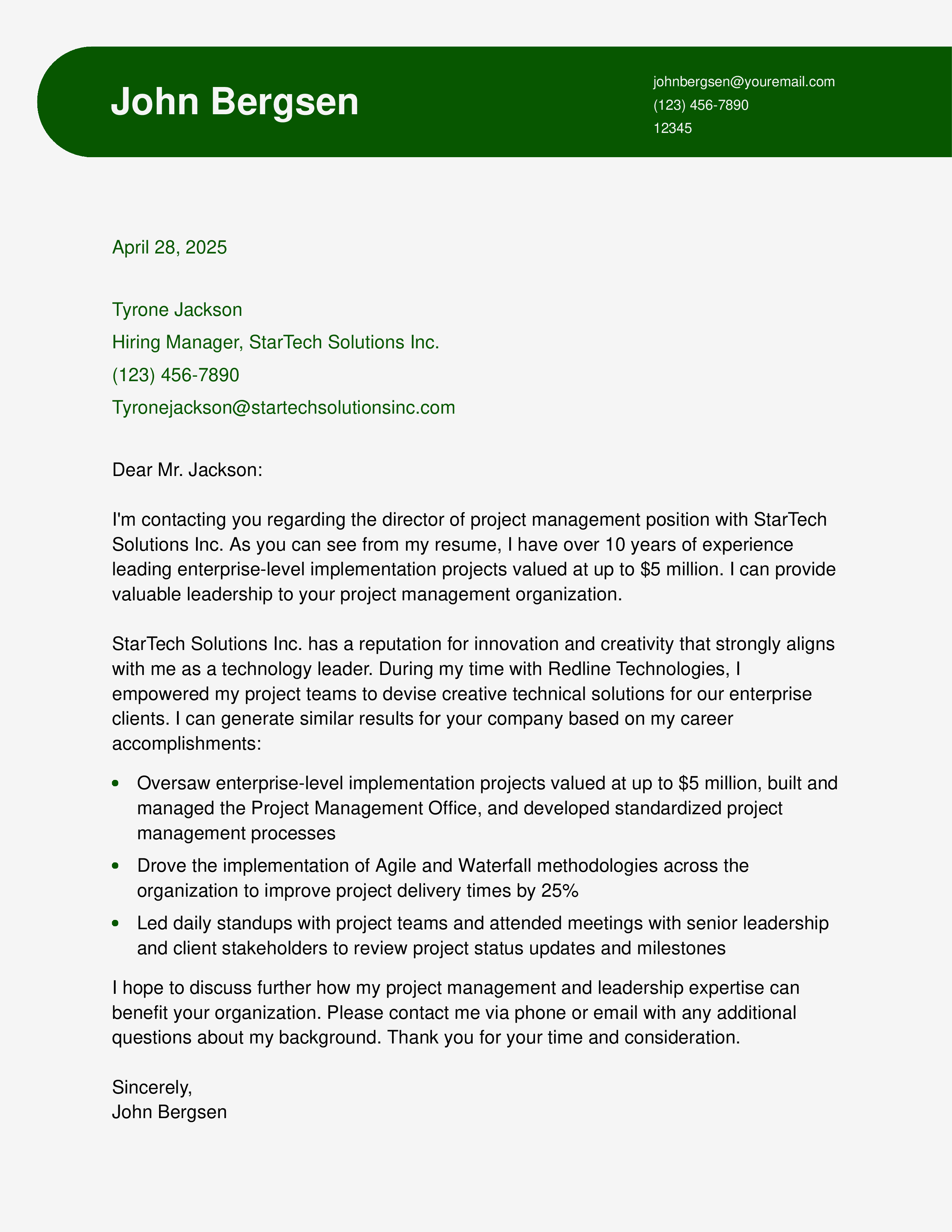 IT Project Manager Cover Letter