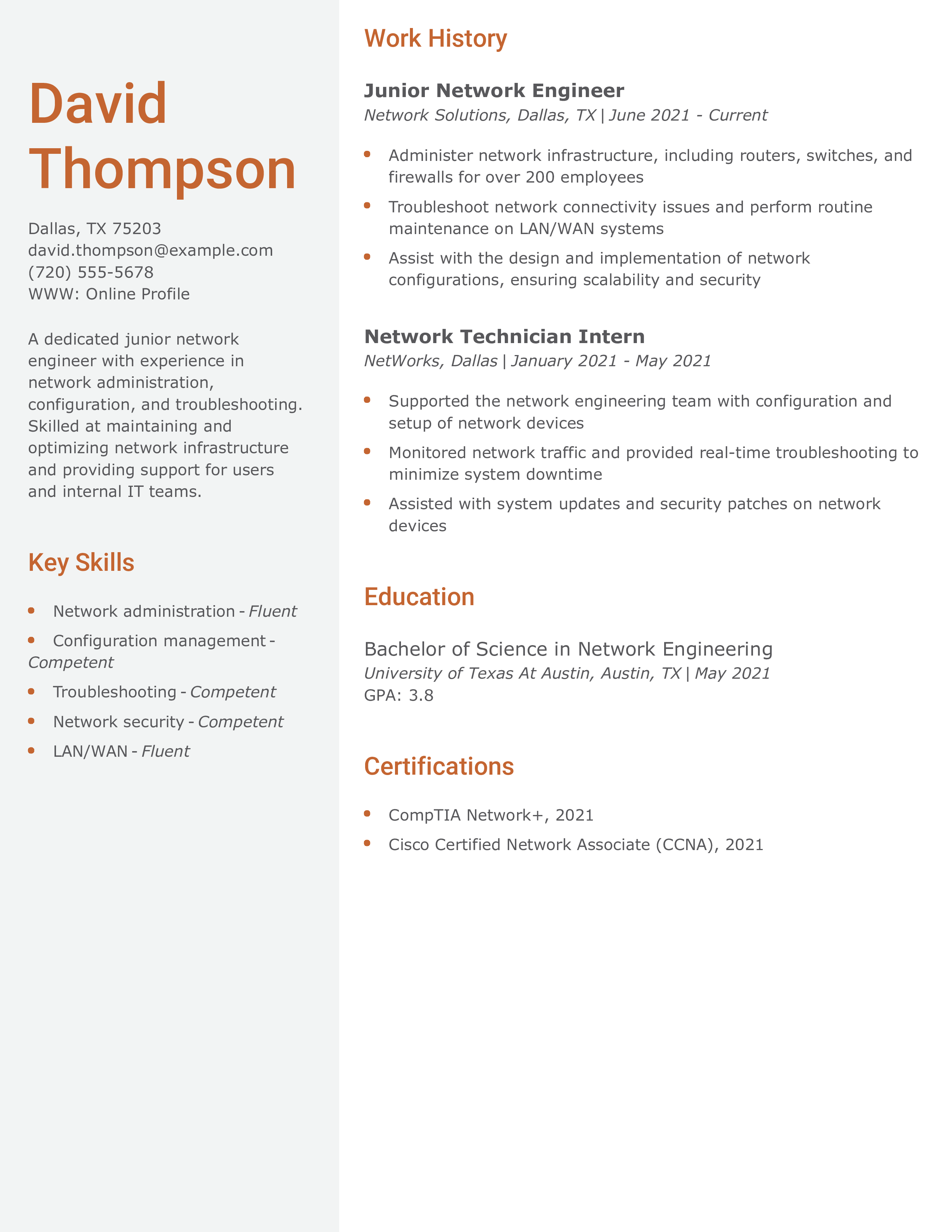 Junior Network Engineer Resume