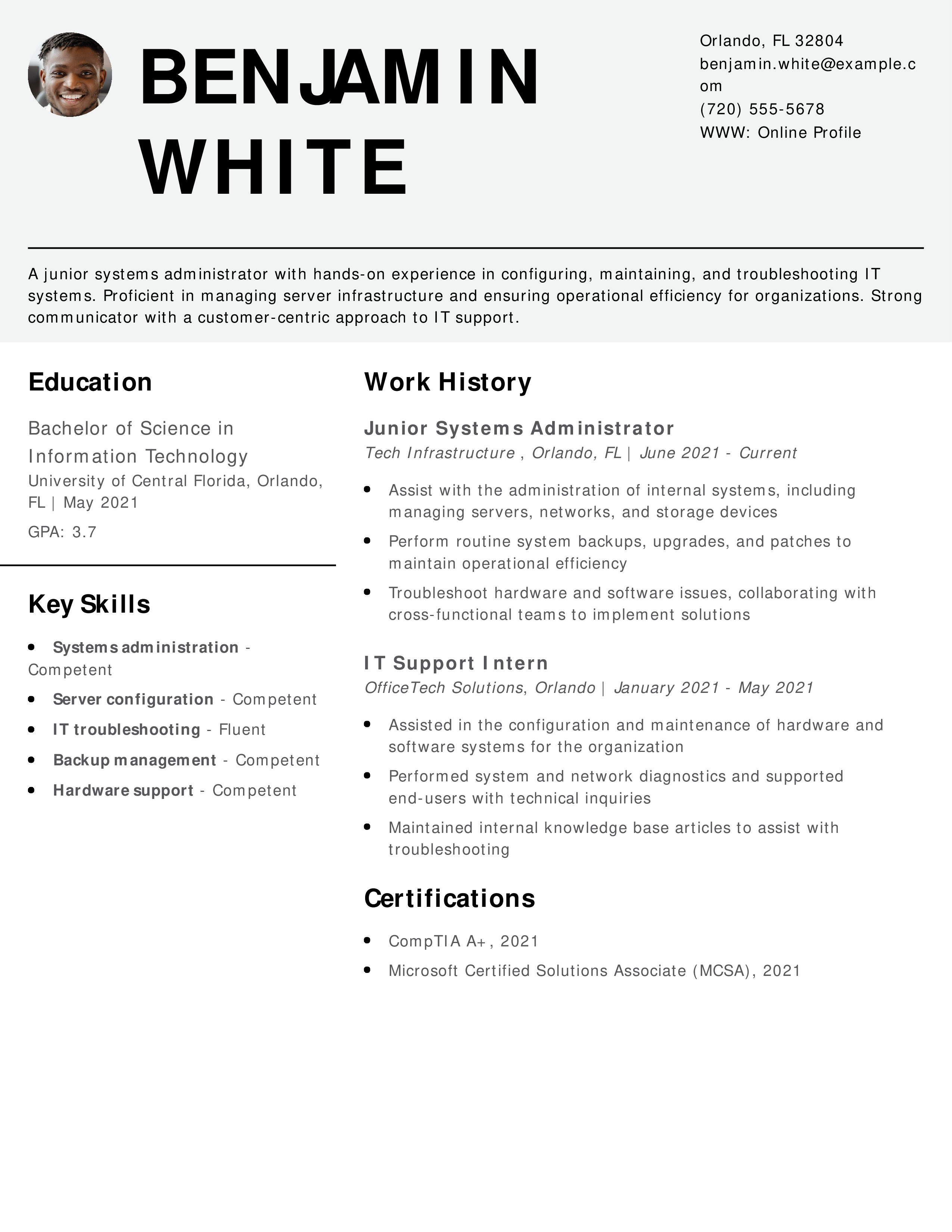 Junior Systems Administrator Resume