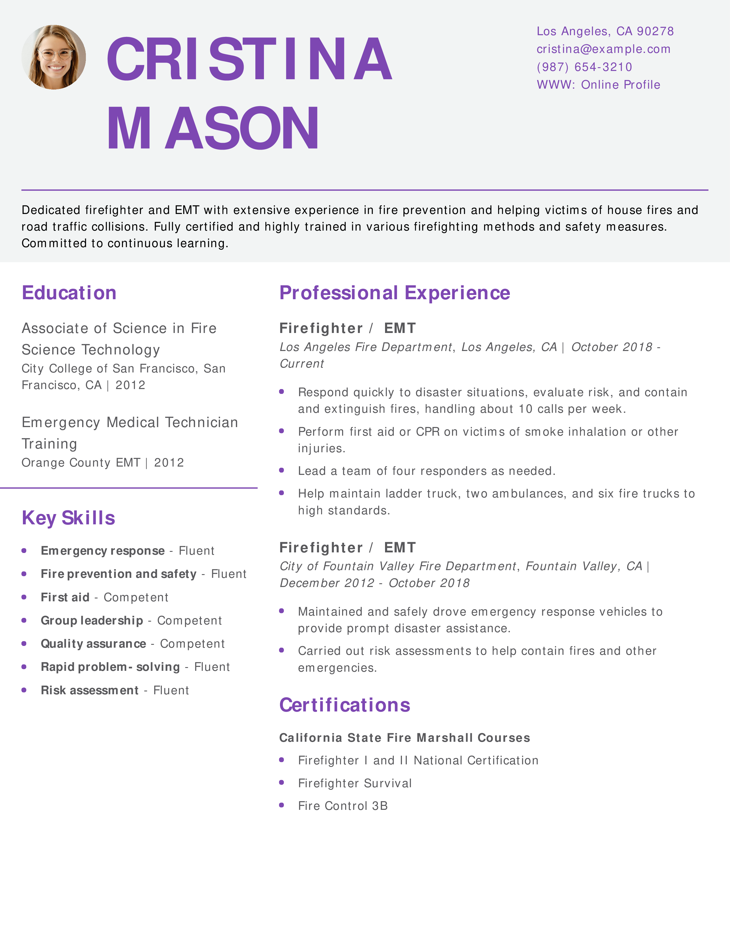 Mid-Career Firefighter Resume