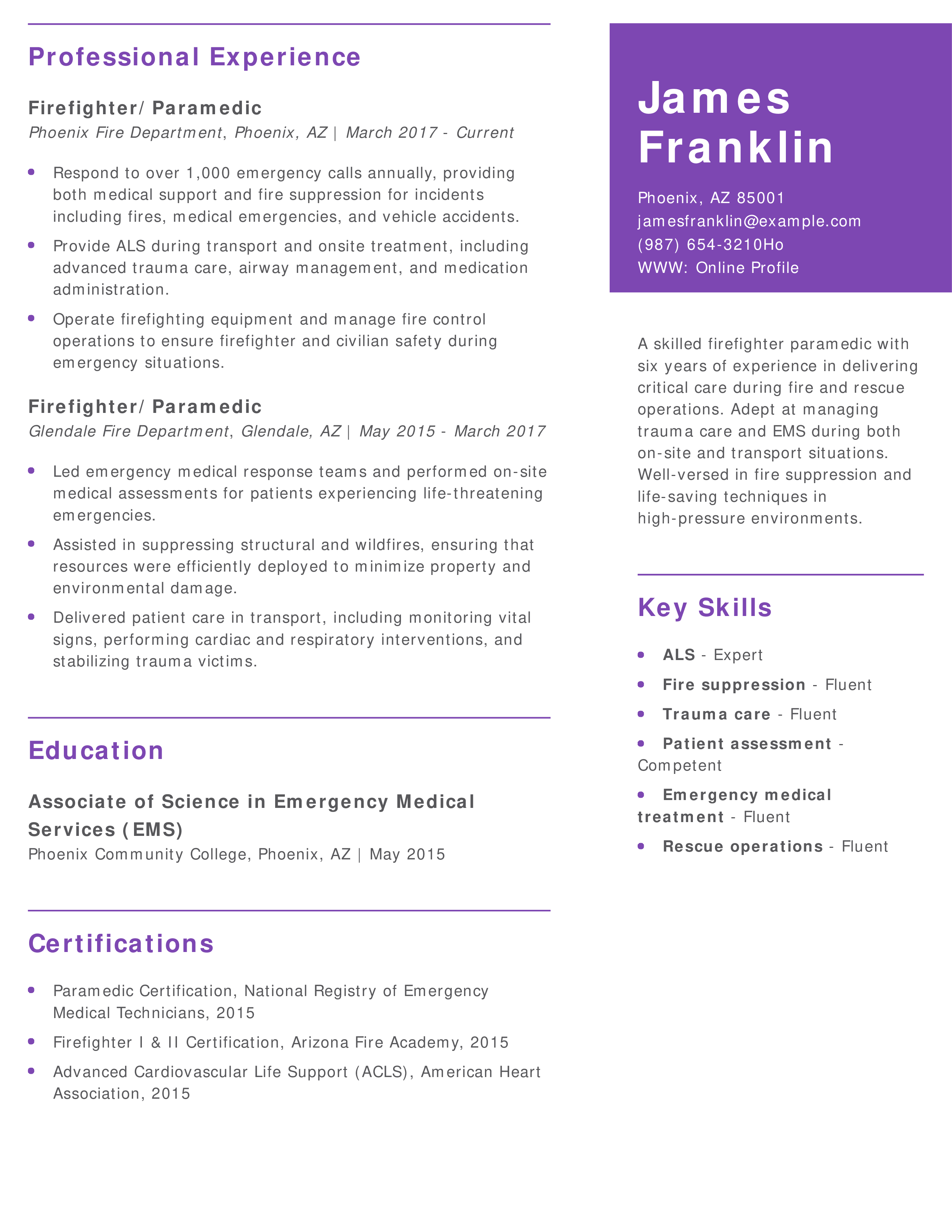 Mid-Level Firefighter Paramedic Resume