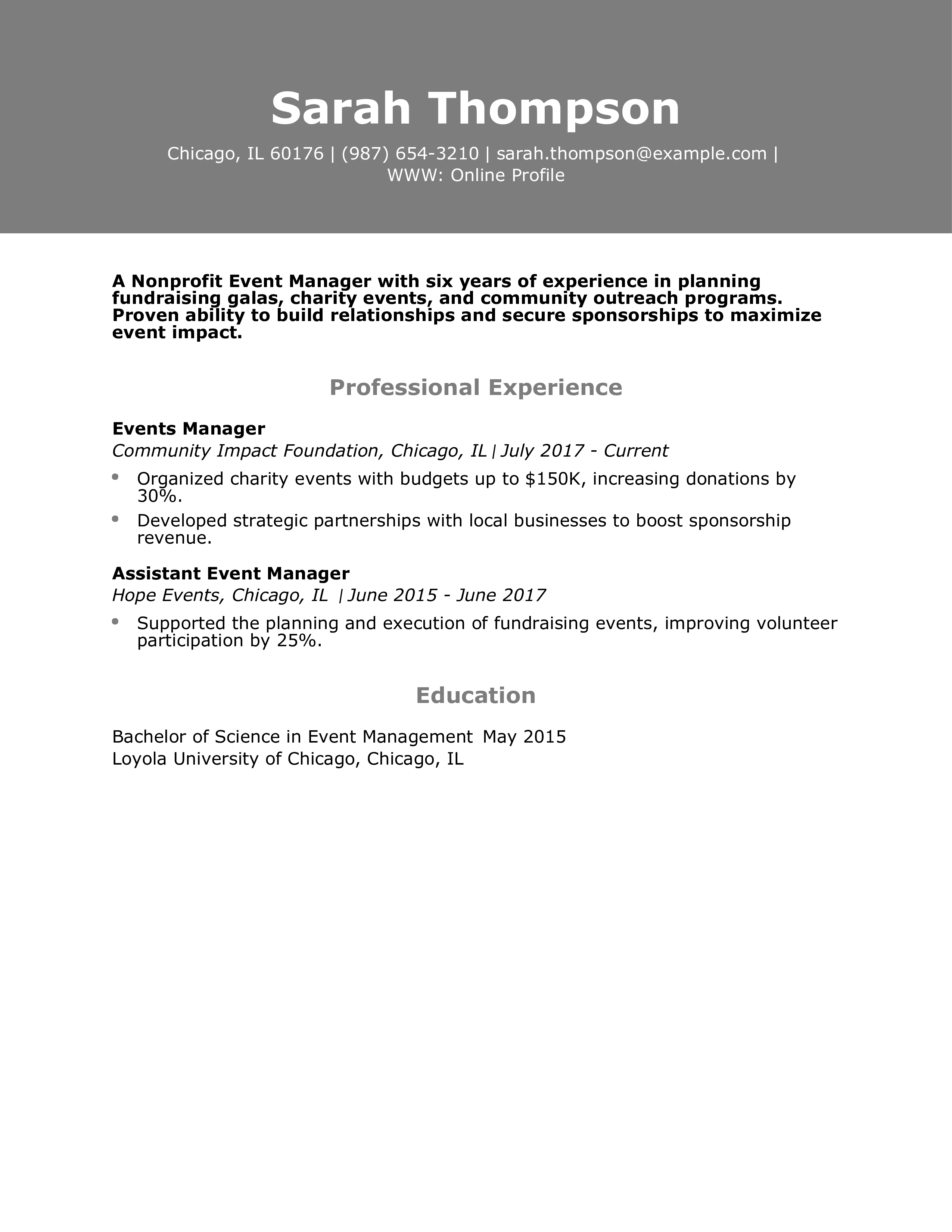 Nonprofit Event Manager Resume