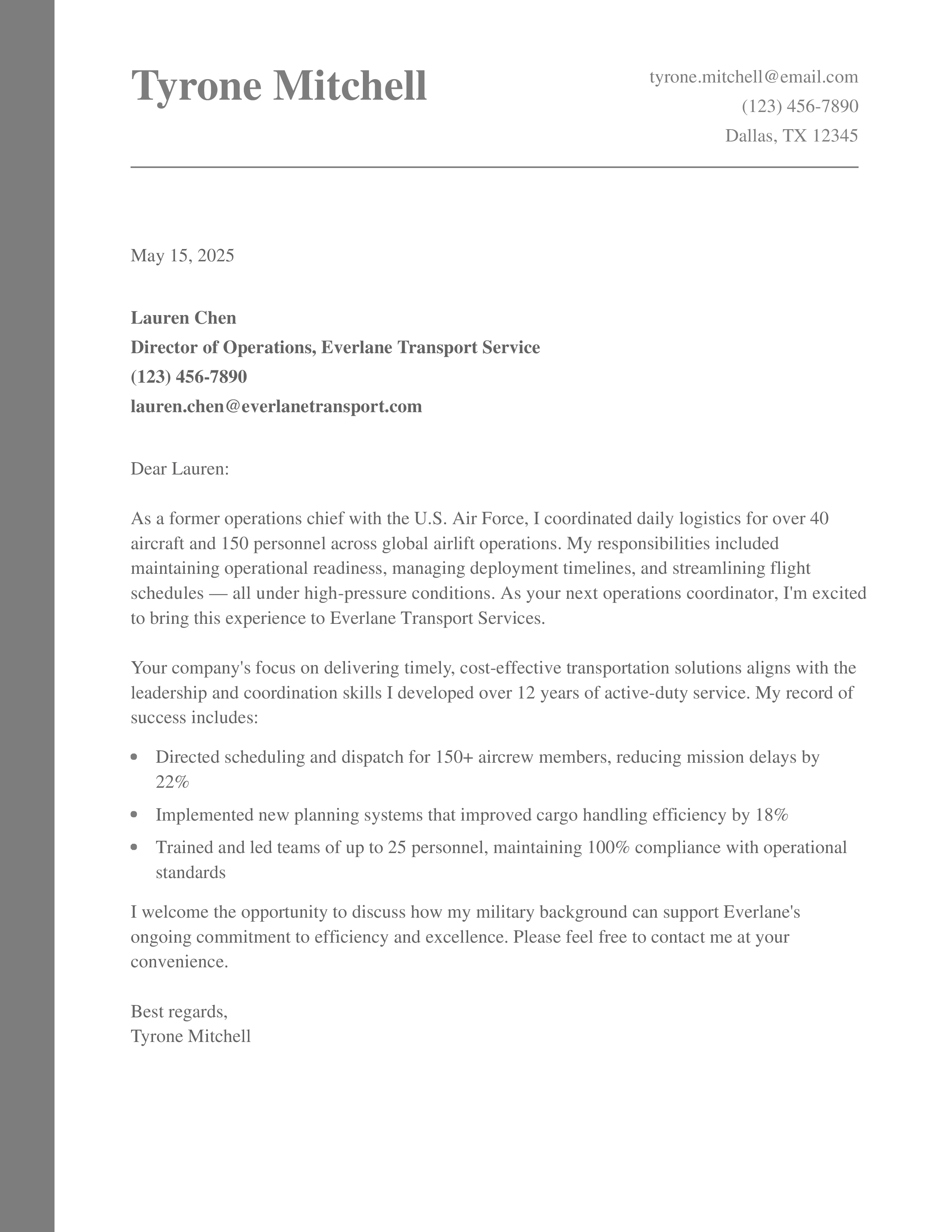 Operations Coordinator (Military to Civilian) Cover Letter