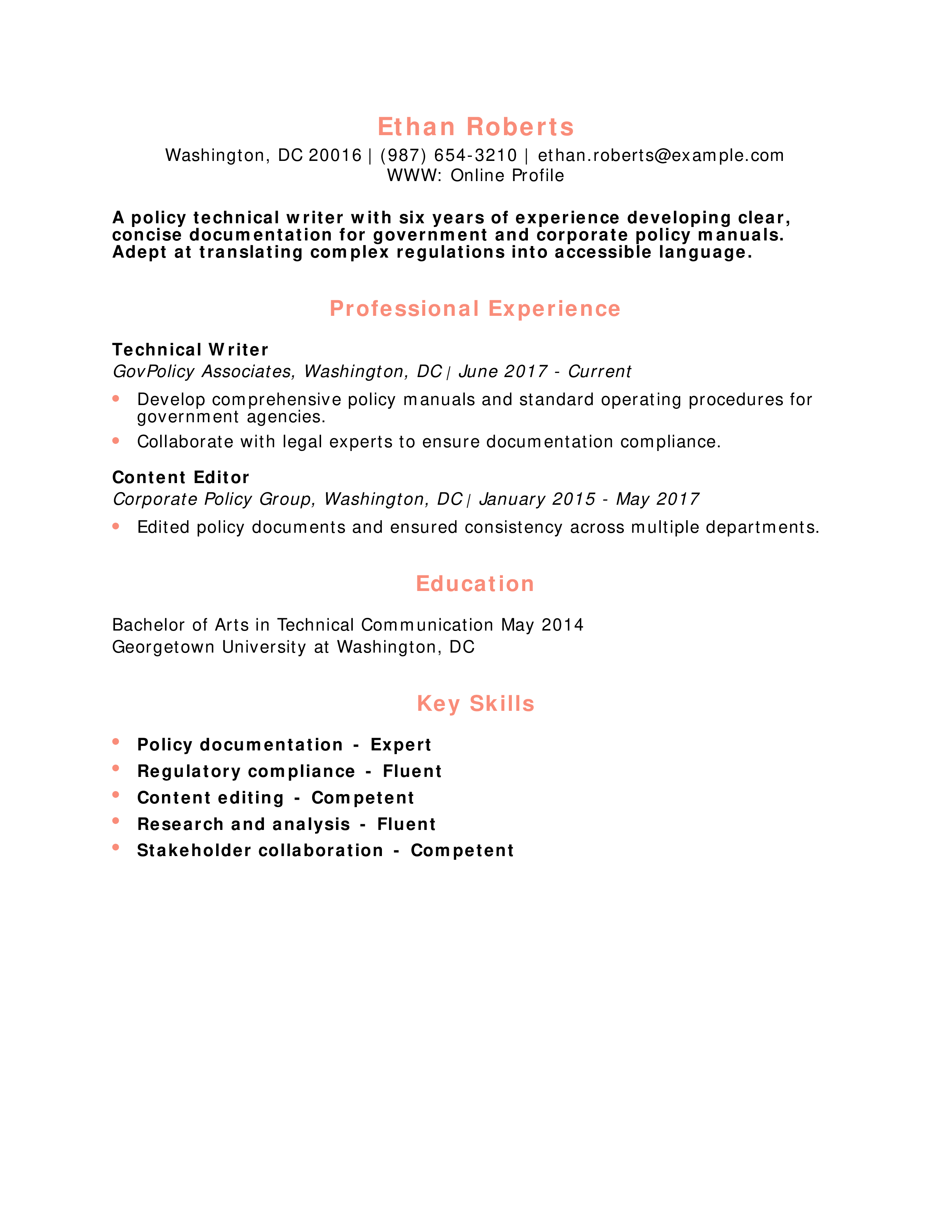 Policy Technical Writer Resume