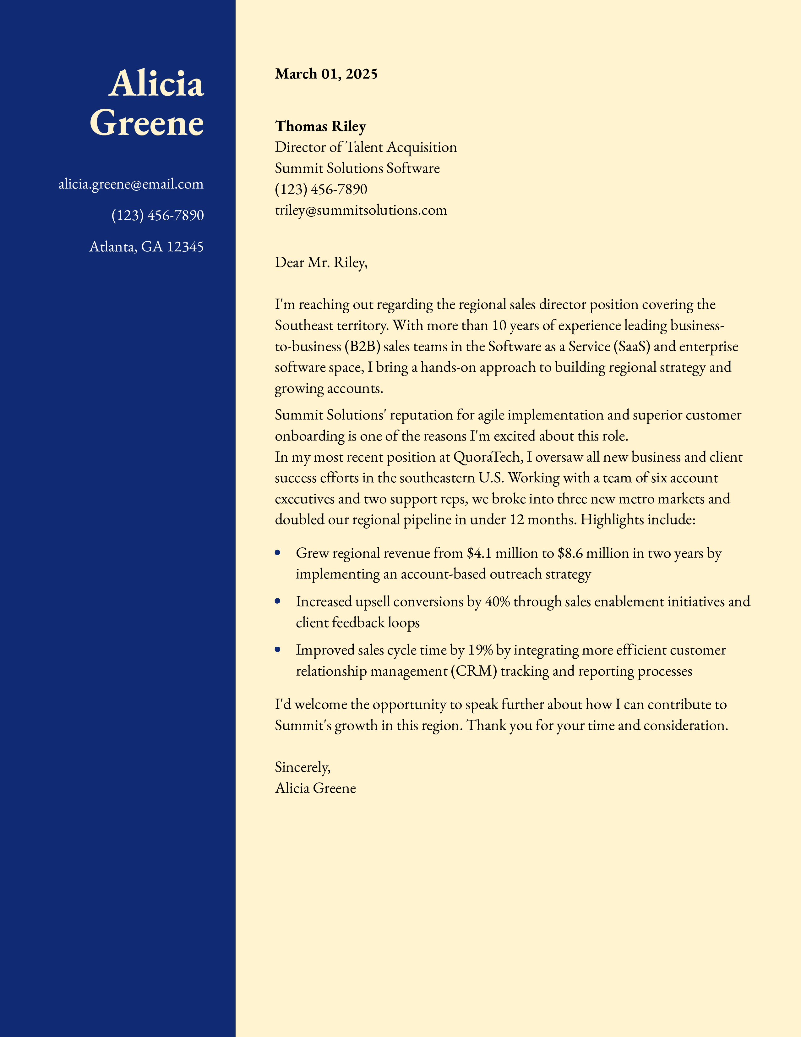 Regional Sales Director Cover Letter
