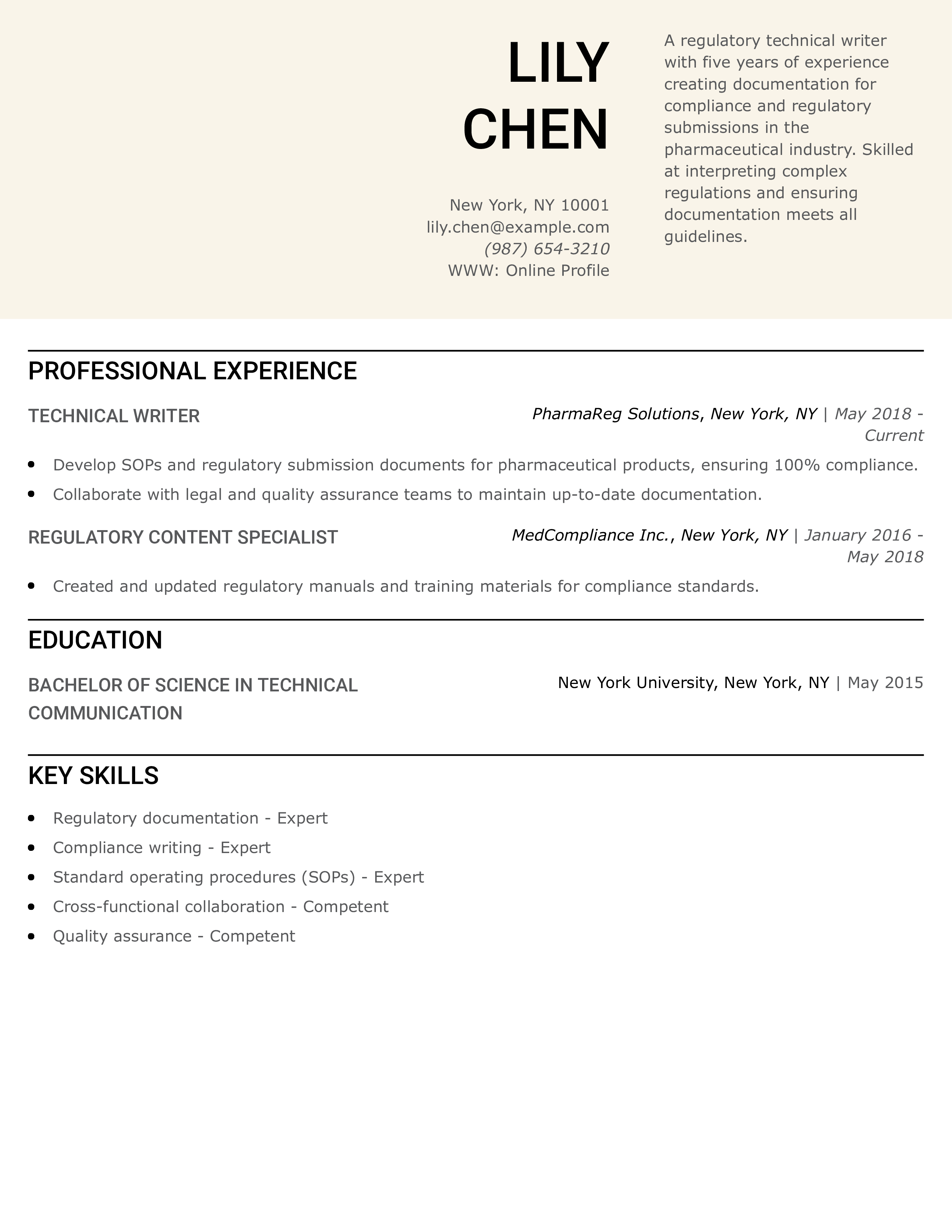 Regulatory Technical Writer Resume