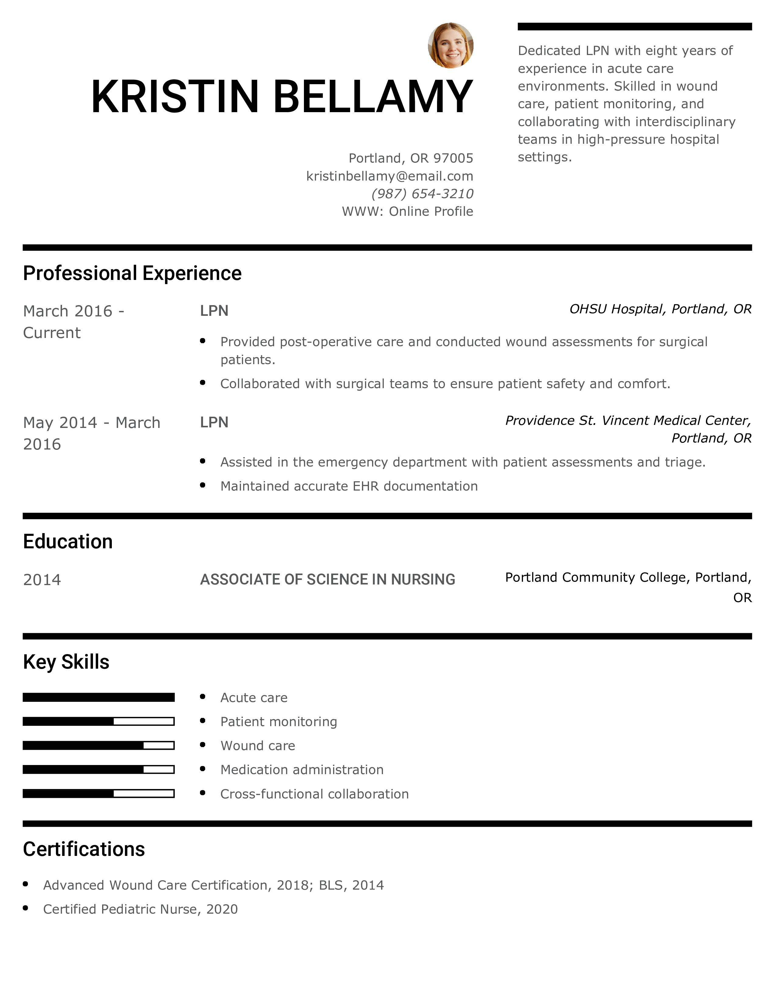 Senior Acute Care LPN Resume