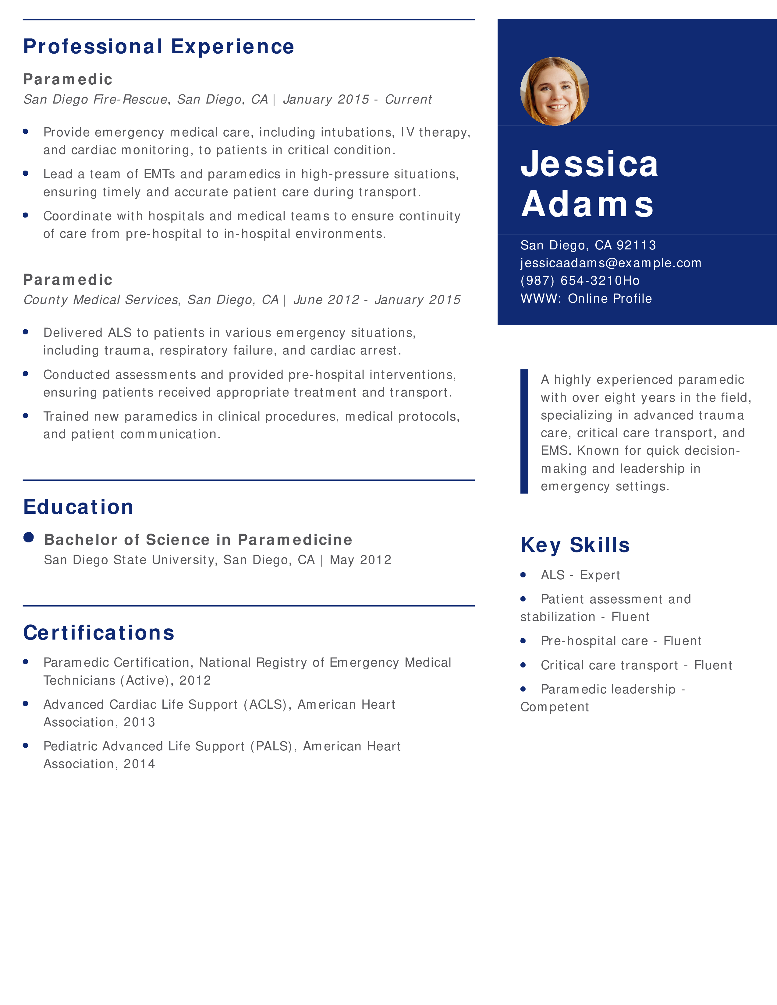 Senior Paramedic Resume