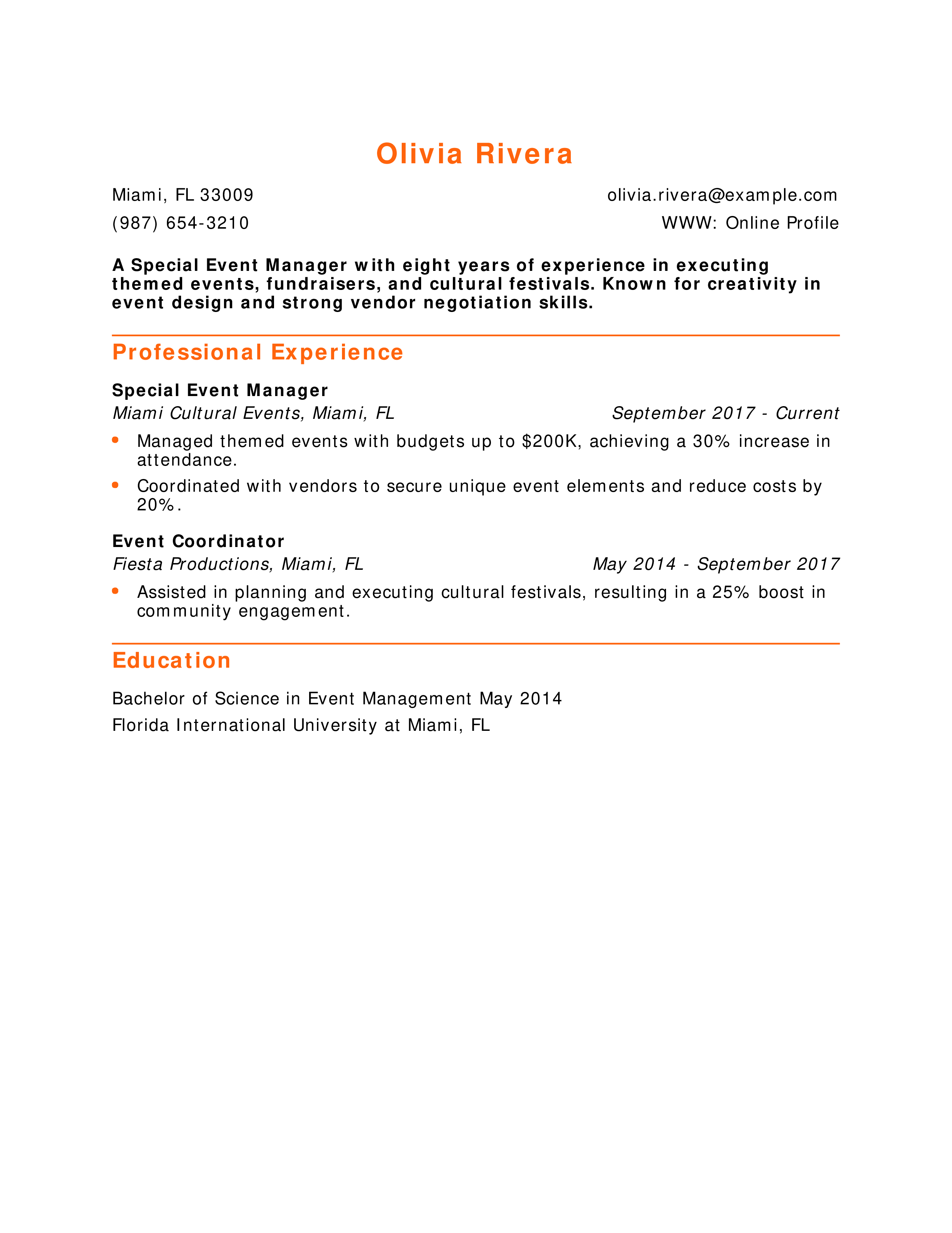 Special Event Manager Resume