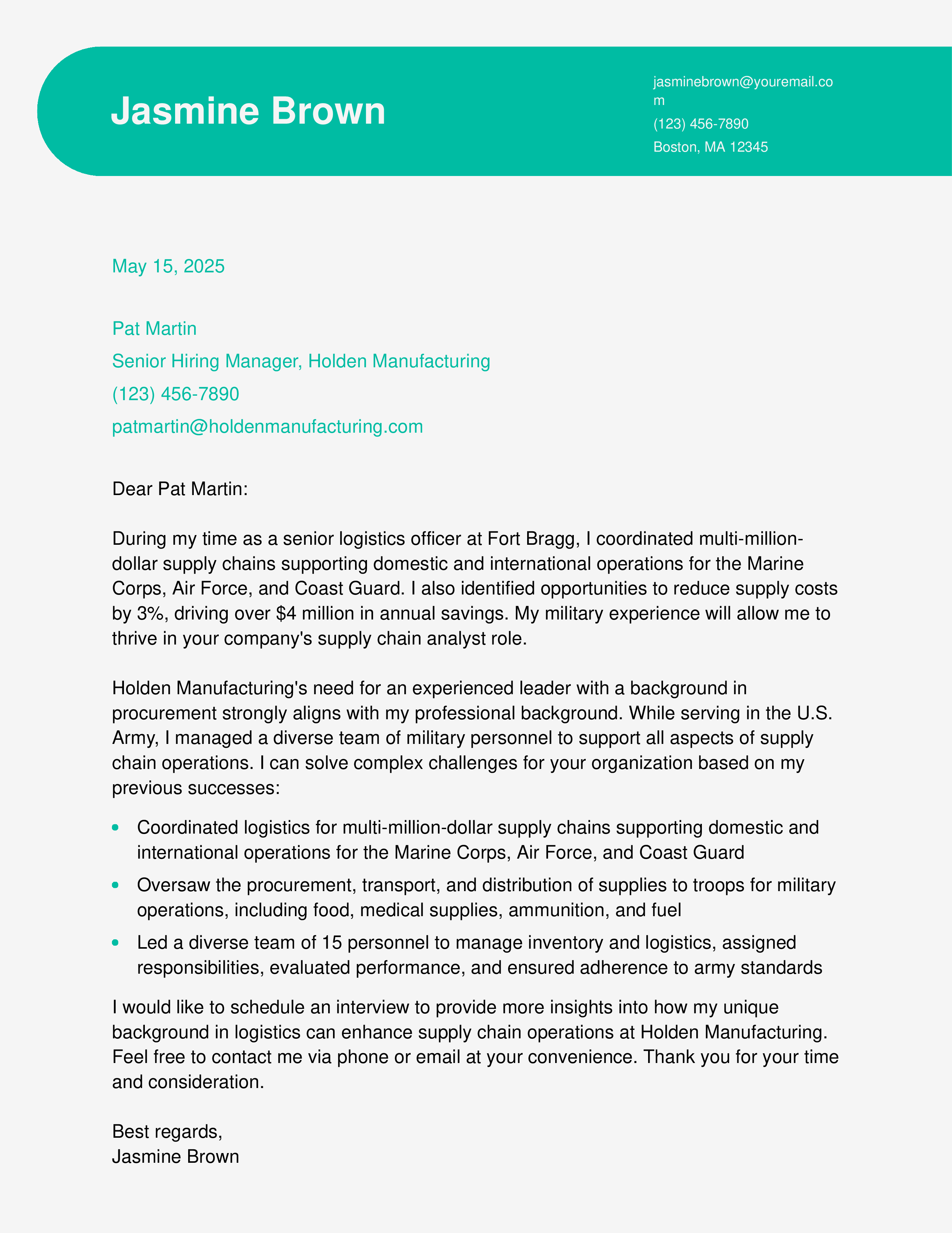 Supply Chain Analyst (Military to Civilian) Cover Letter