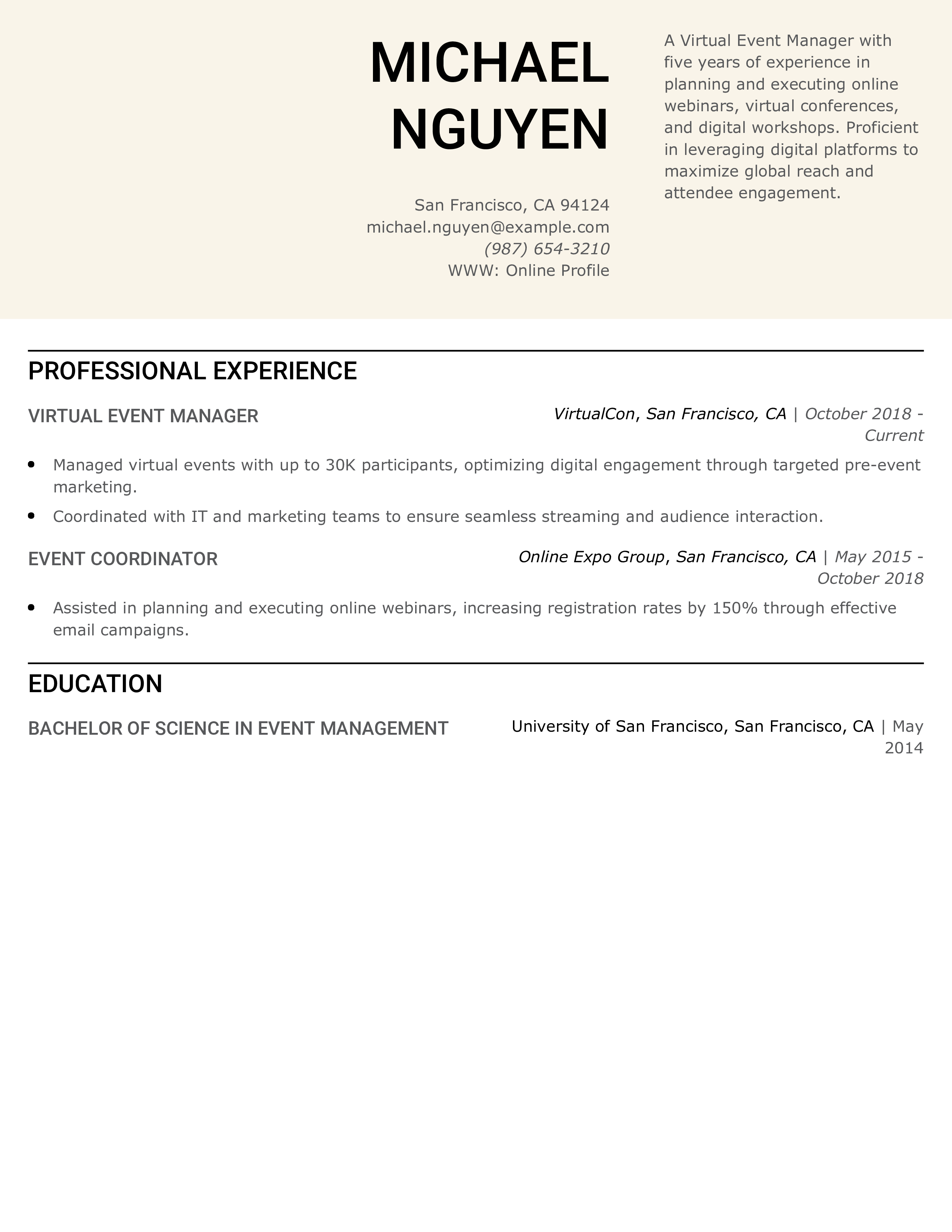 Virtual Event Manager Resume