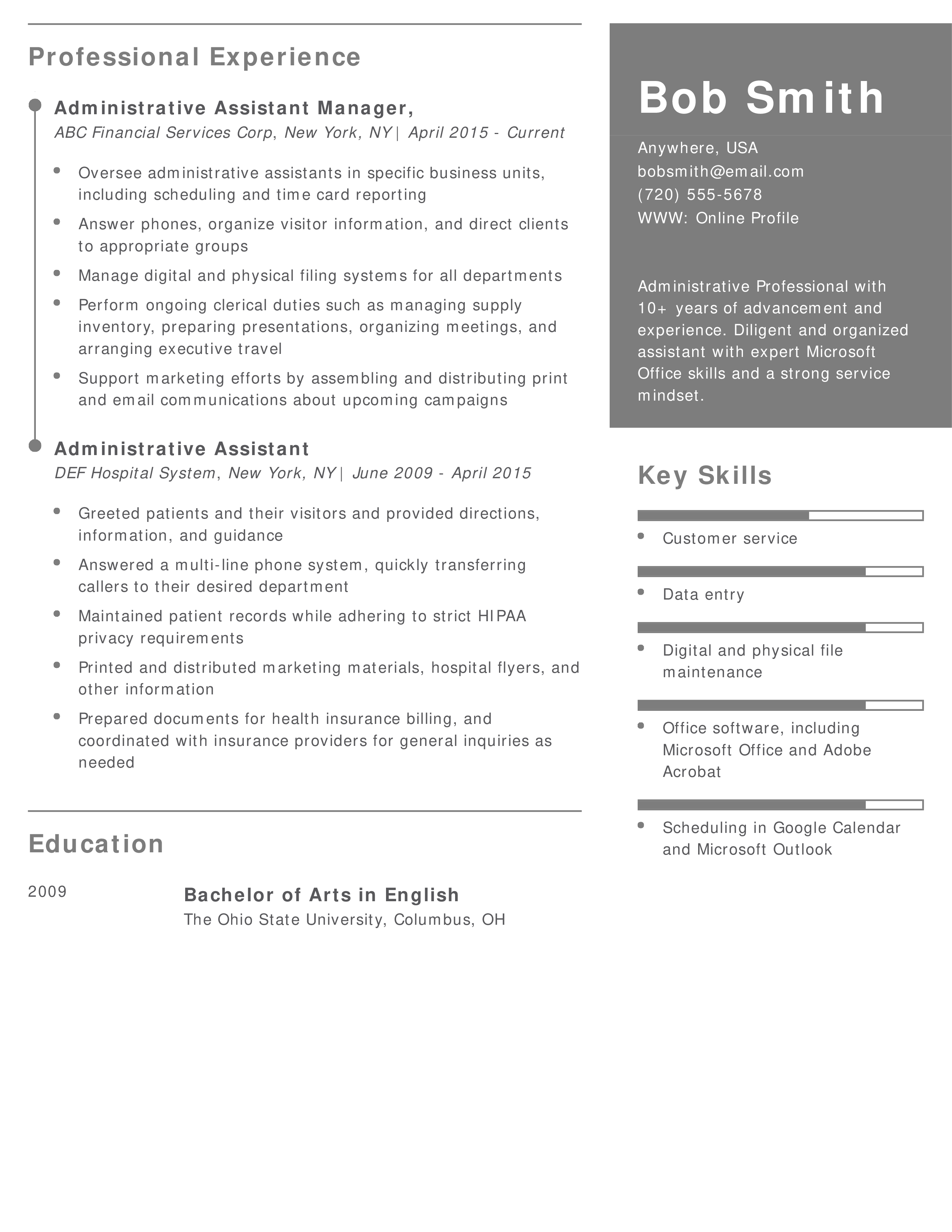 Administrative Assistant Manager Resume