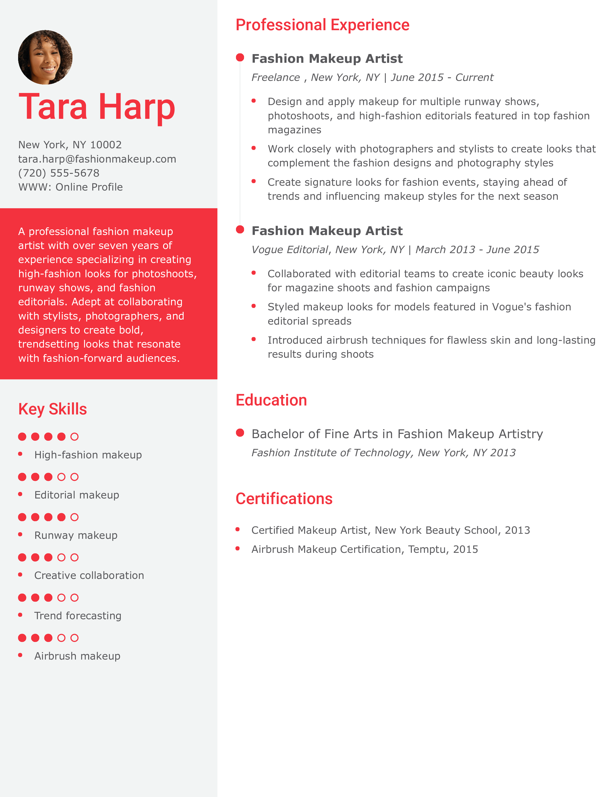 Advanced Fashion Makeup Artist Resume