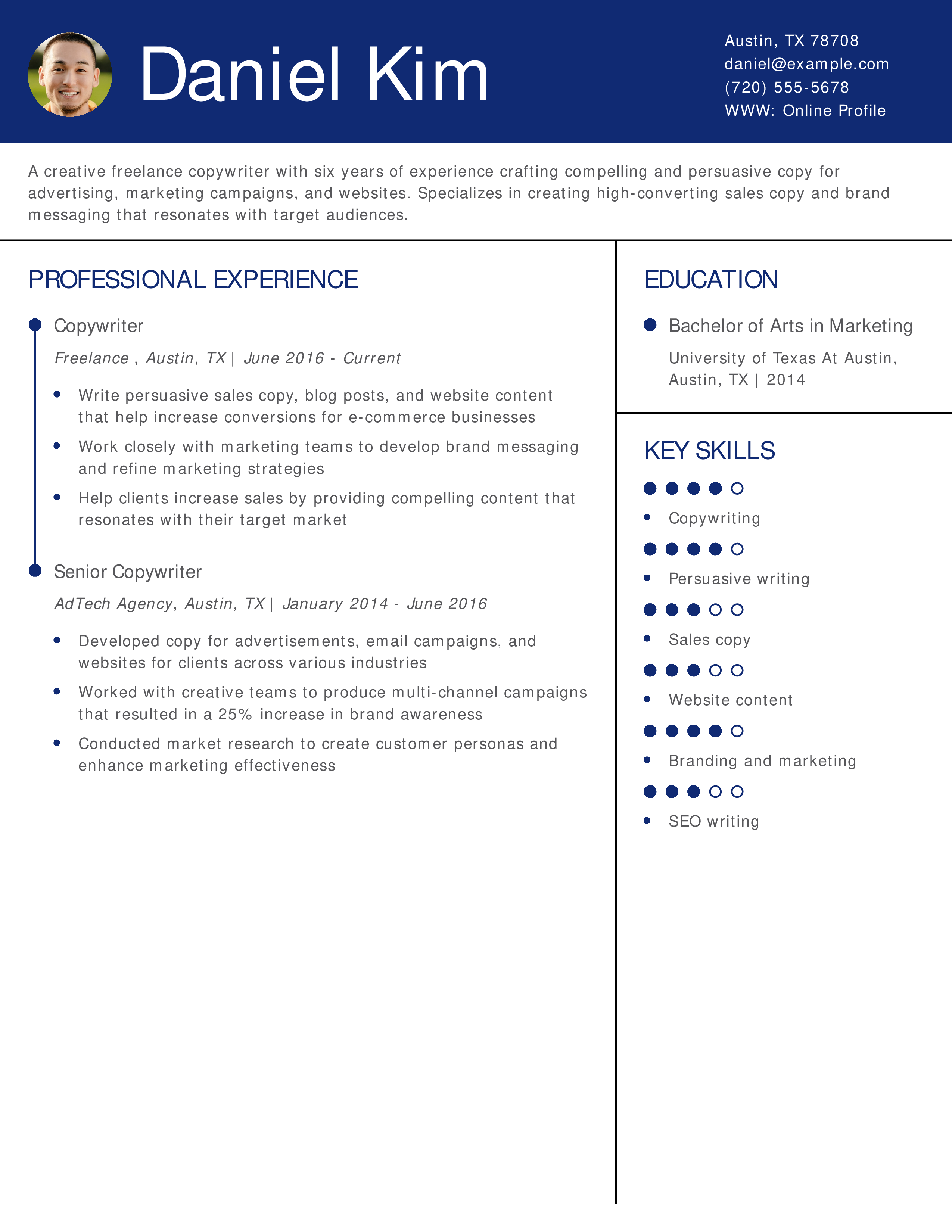 Experienced Freelance Copywriter Resume