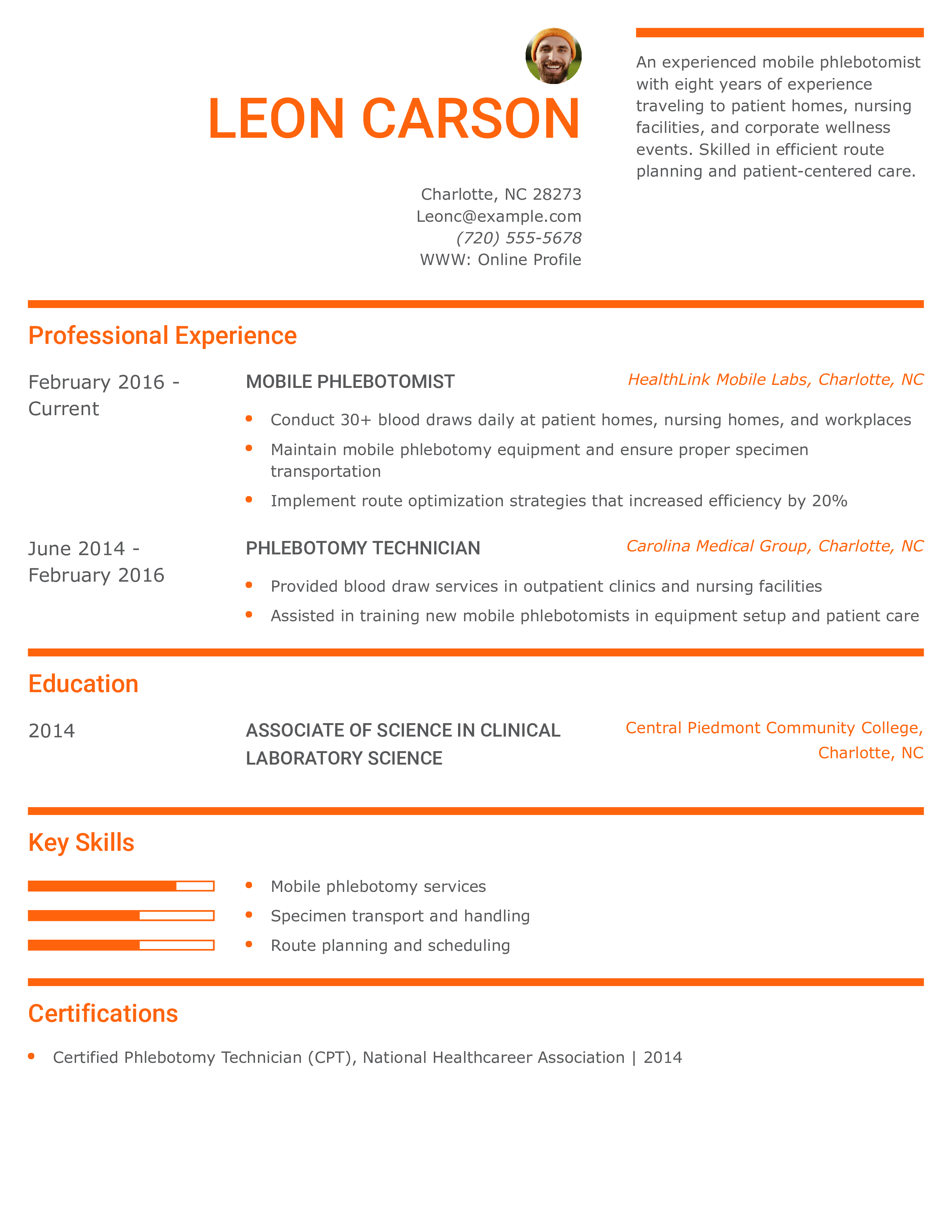 Experienced Mobile Phlebotomist Resume