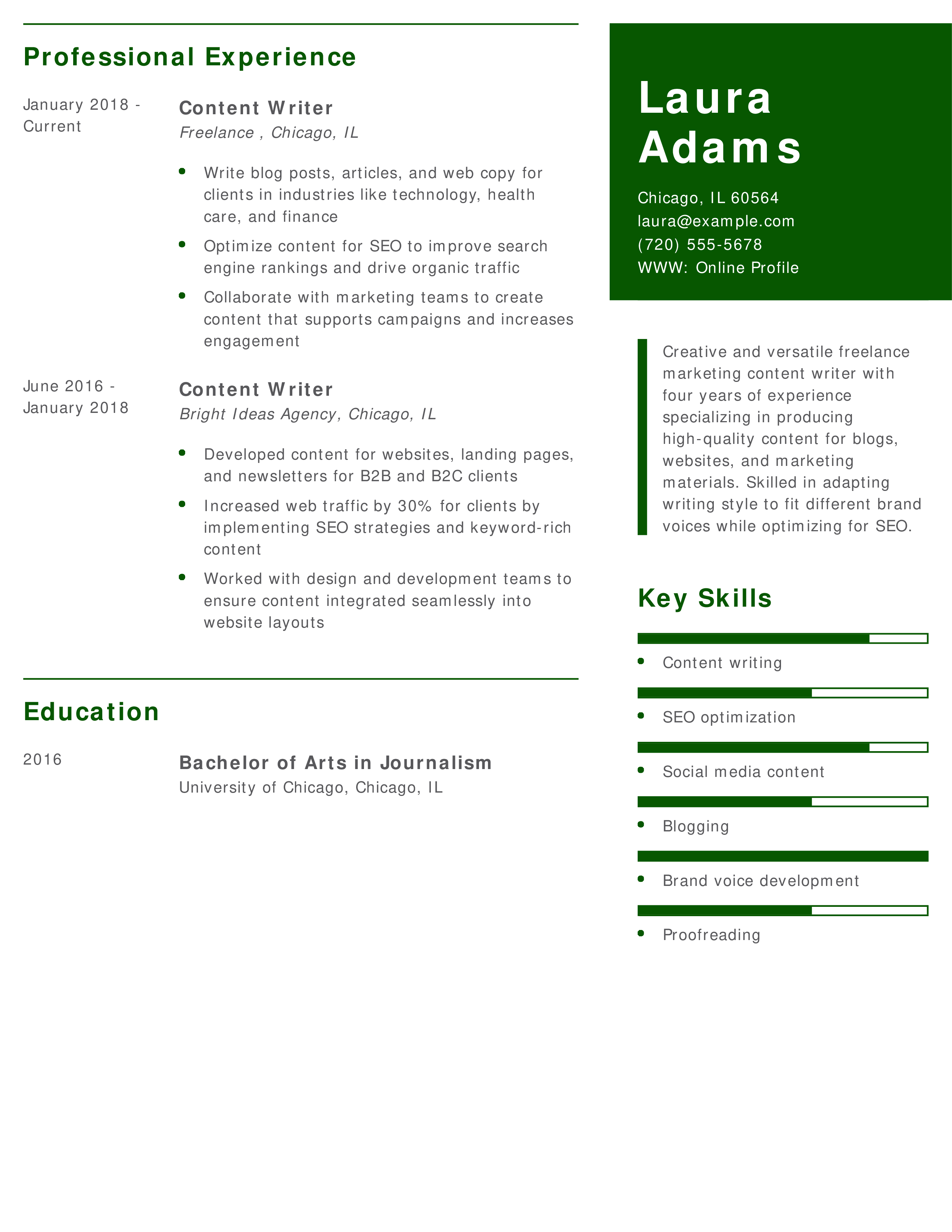 Freelance Marketing Content Writer Resume