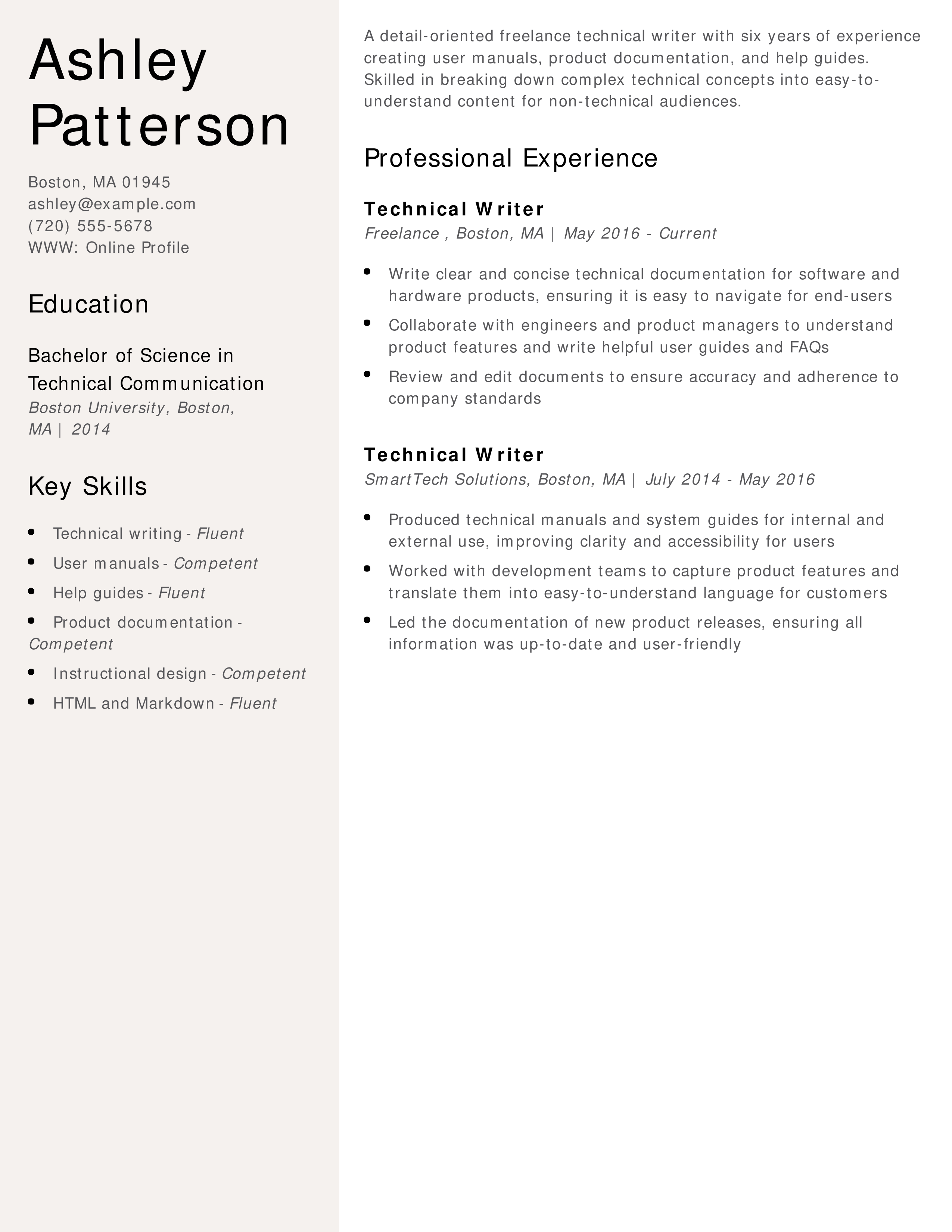 Freelance Mid-Level Technical Writer Resume