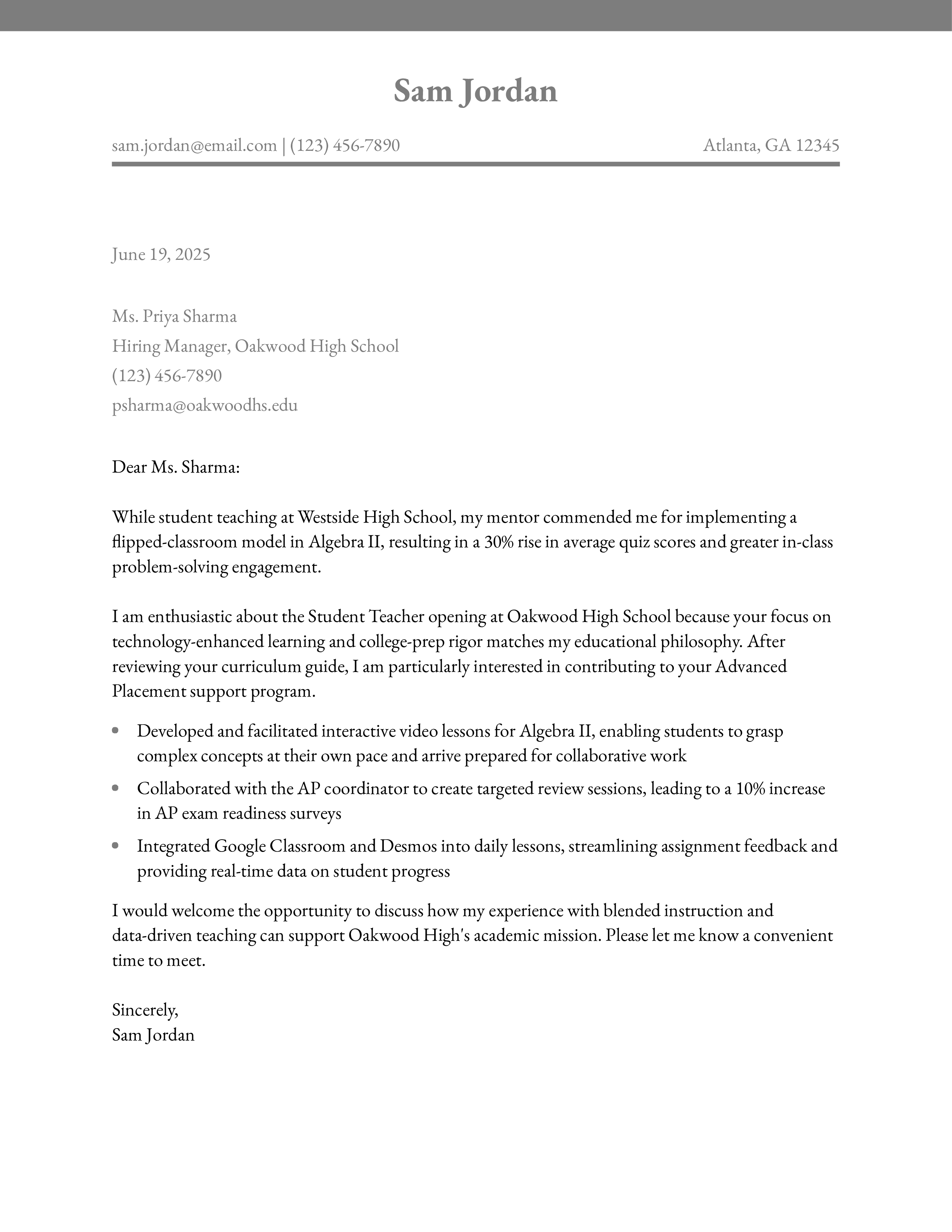 High School Student Teacher Cover Letter