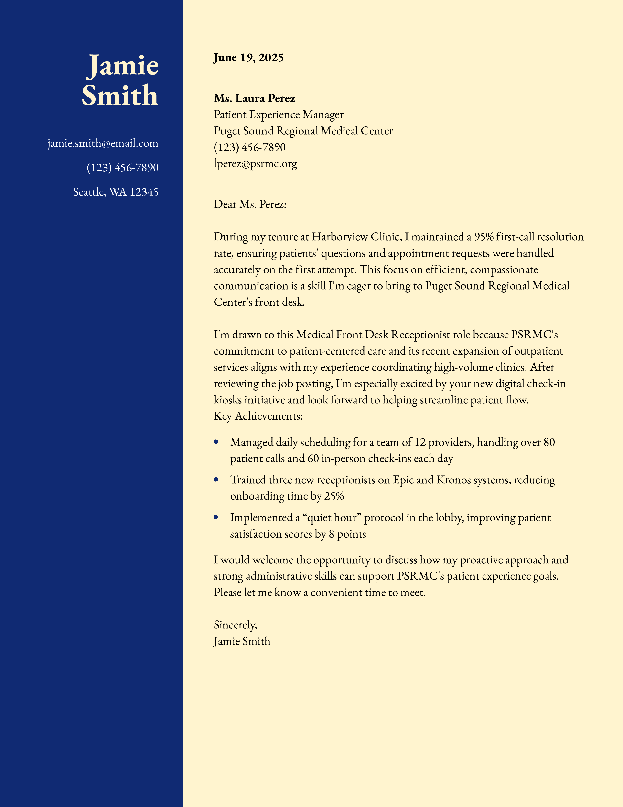 Hospital Medical Front Desk Receptionist Cover Letter