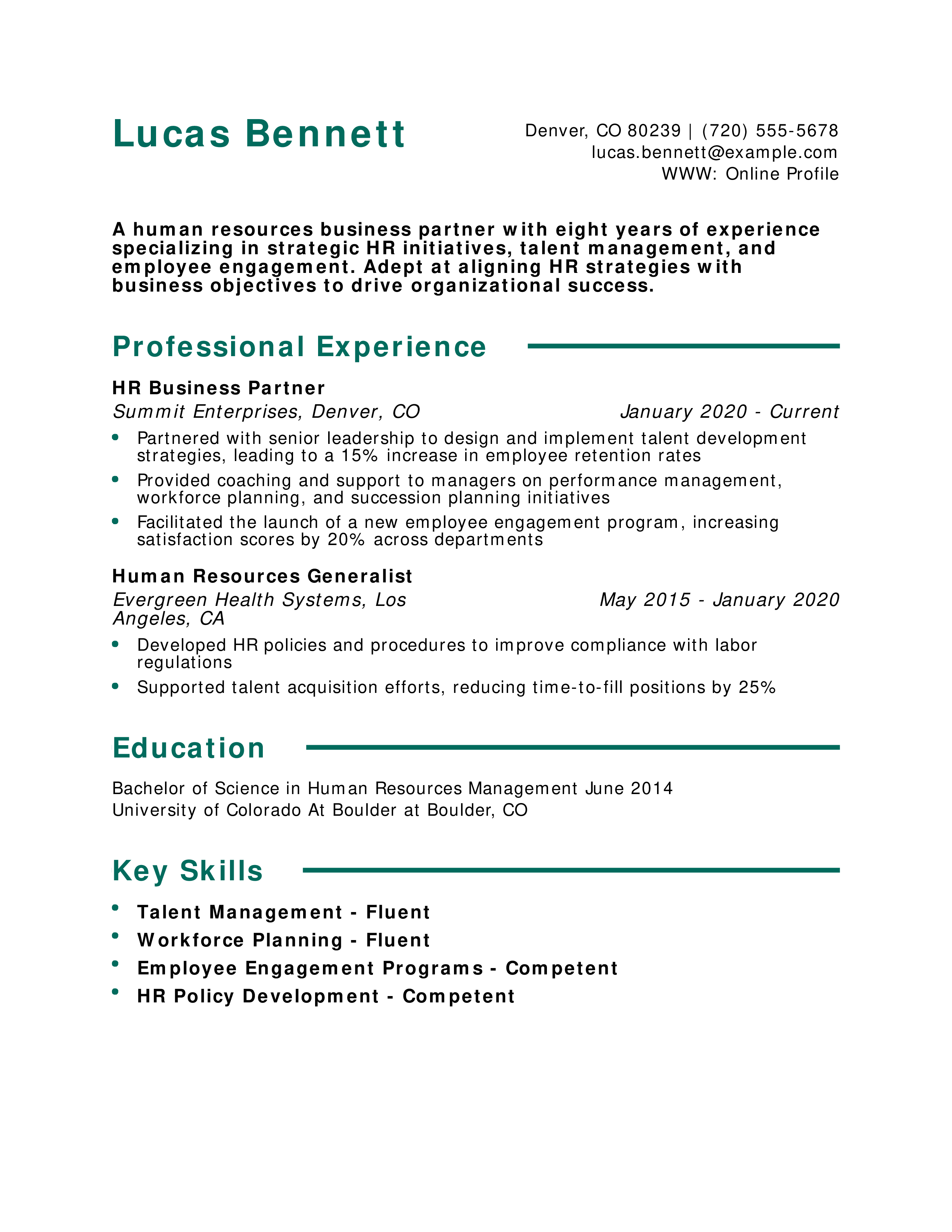 Human Resources (HR) Business Partner Resume
