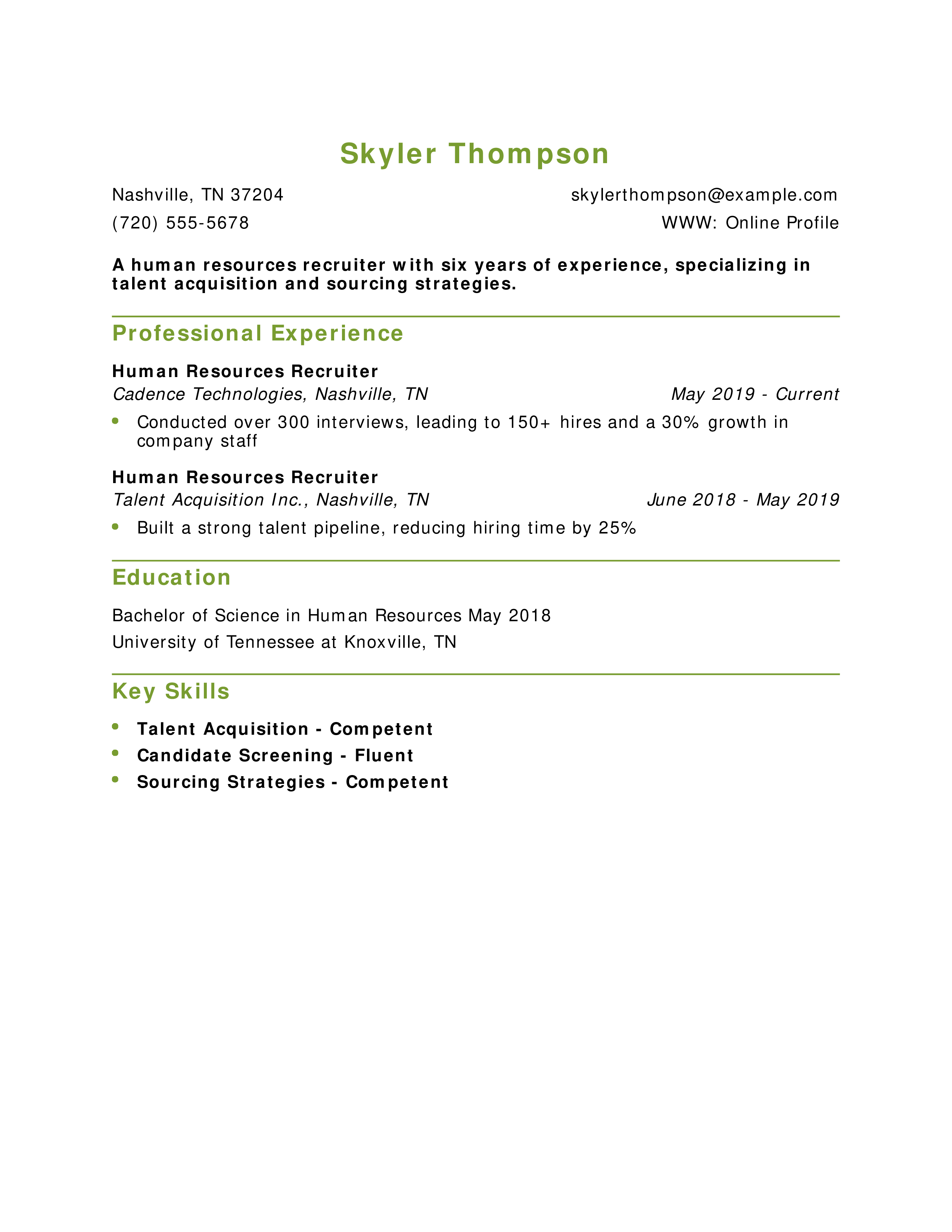 Human Resources Recruiter Resume