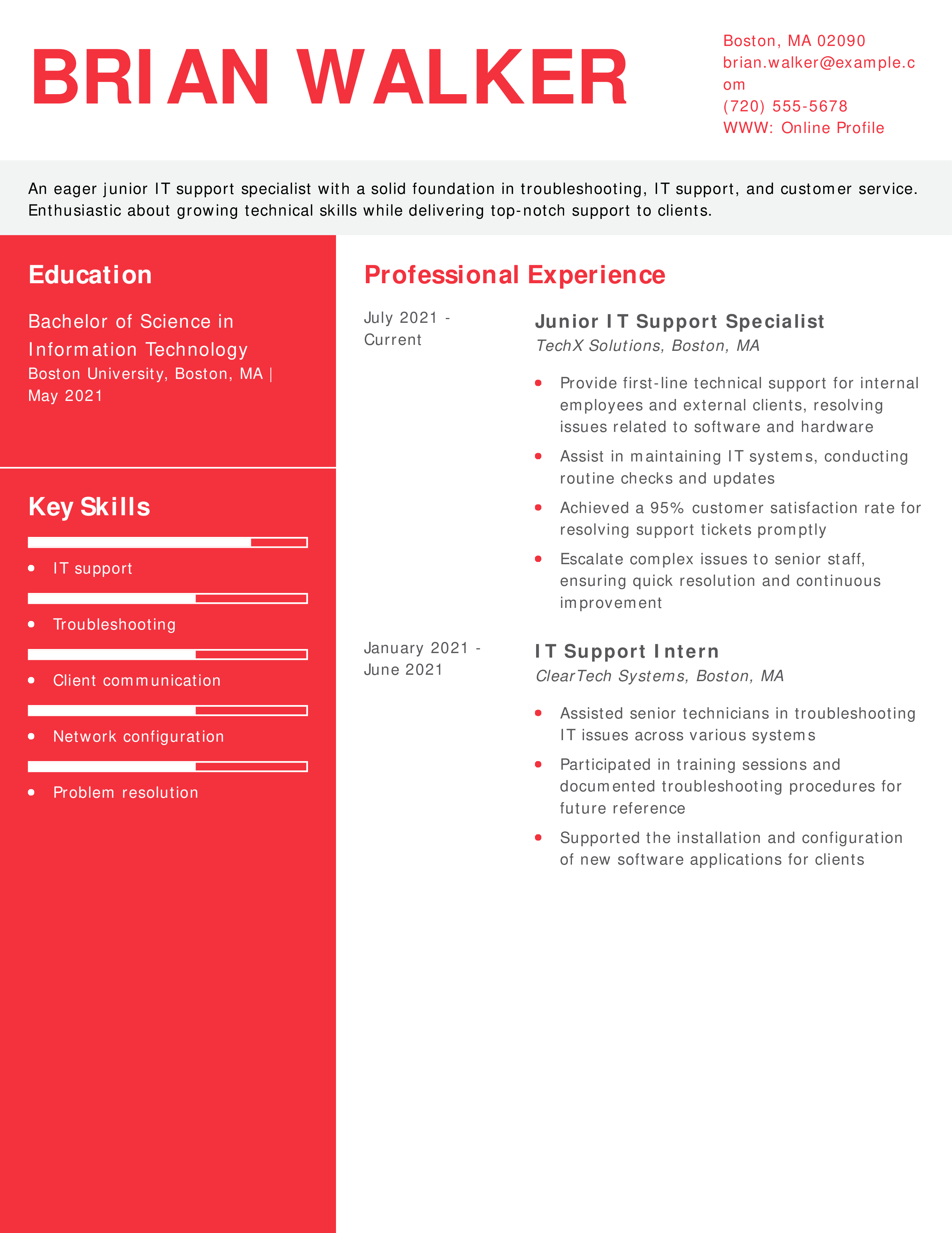 Junior IT Support Specialist Resume
