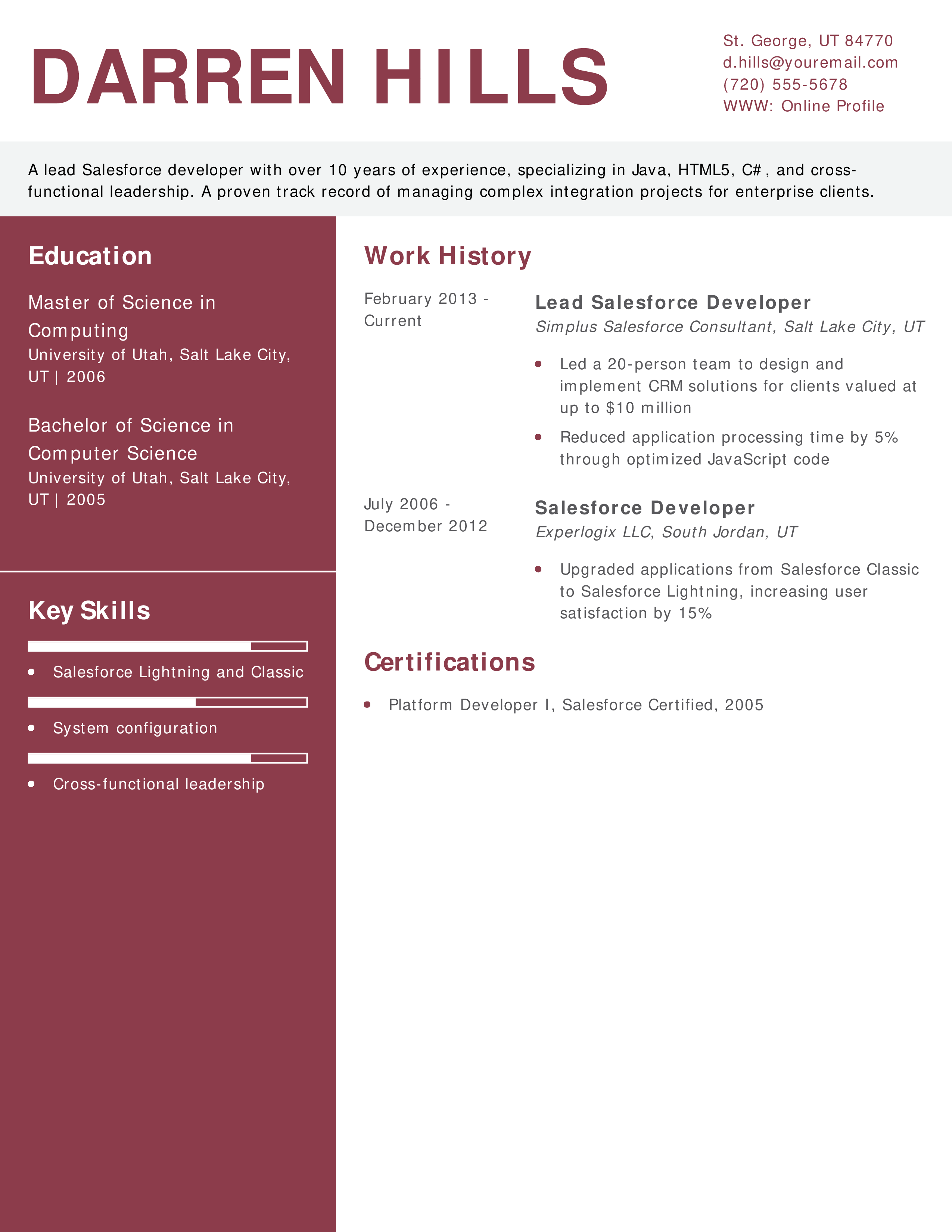 Lead Salesforce Developer Resume