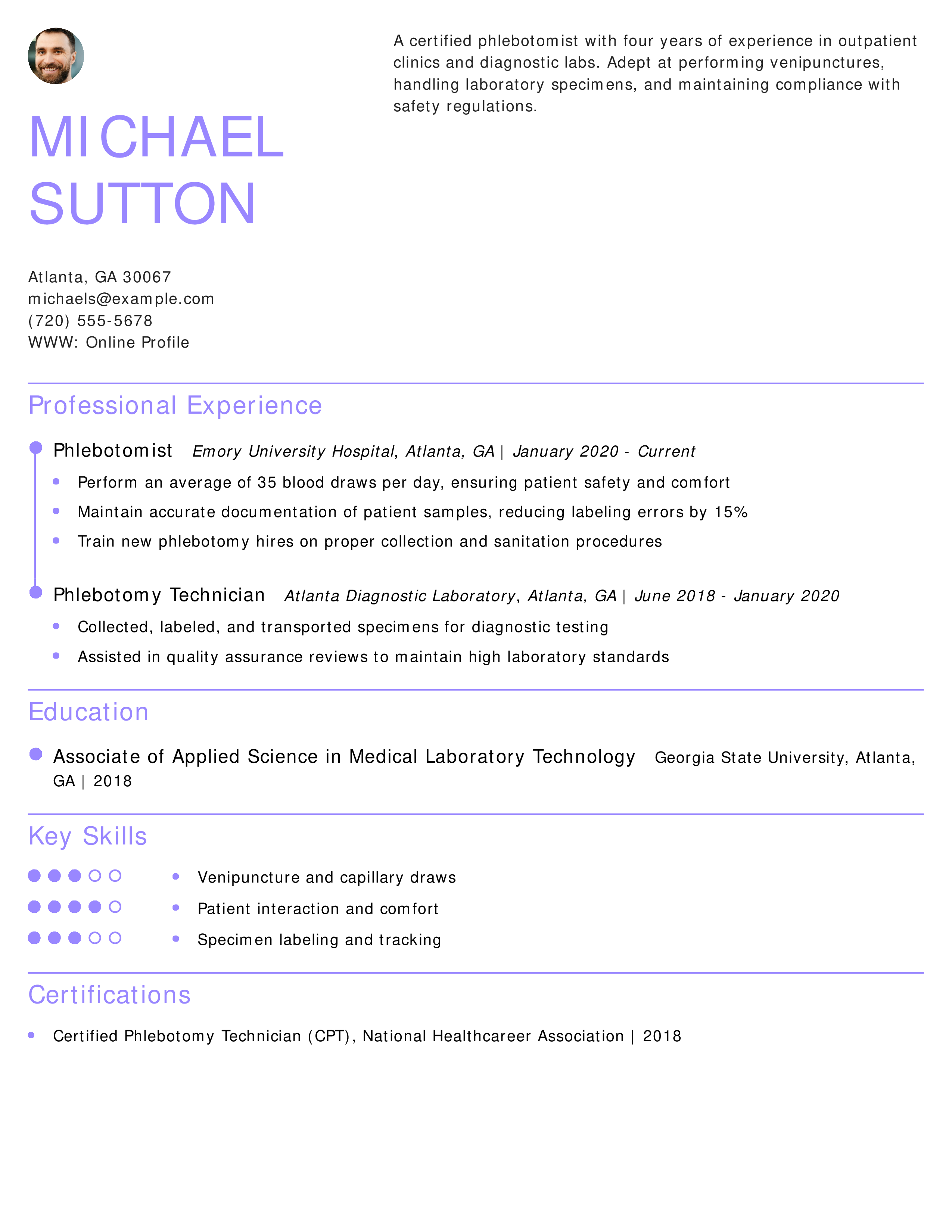 Mid-Level Certified Phlebotomist Resume