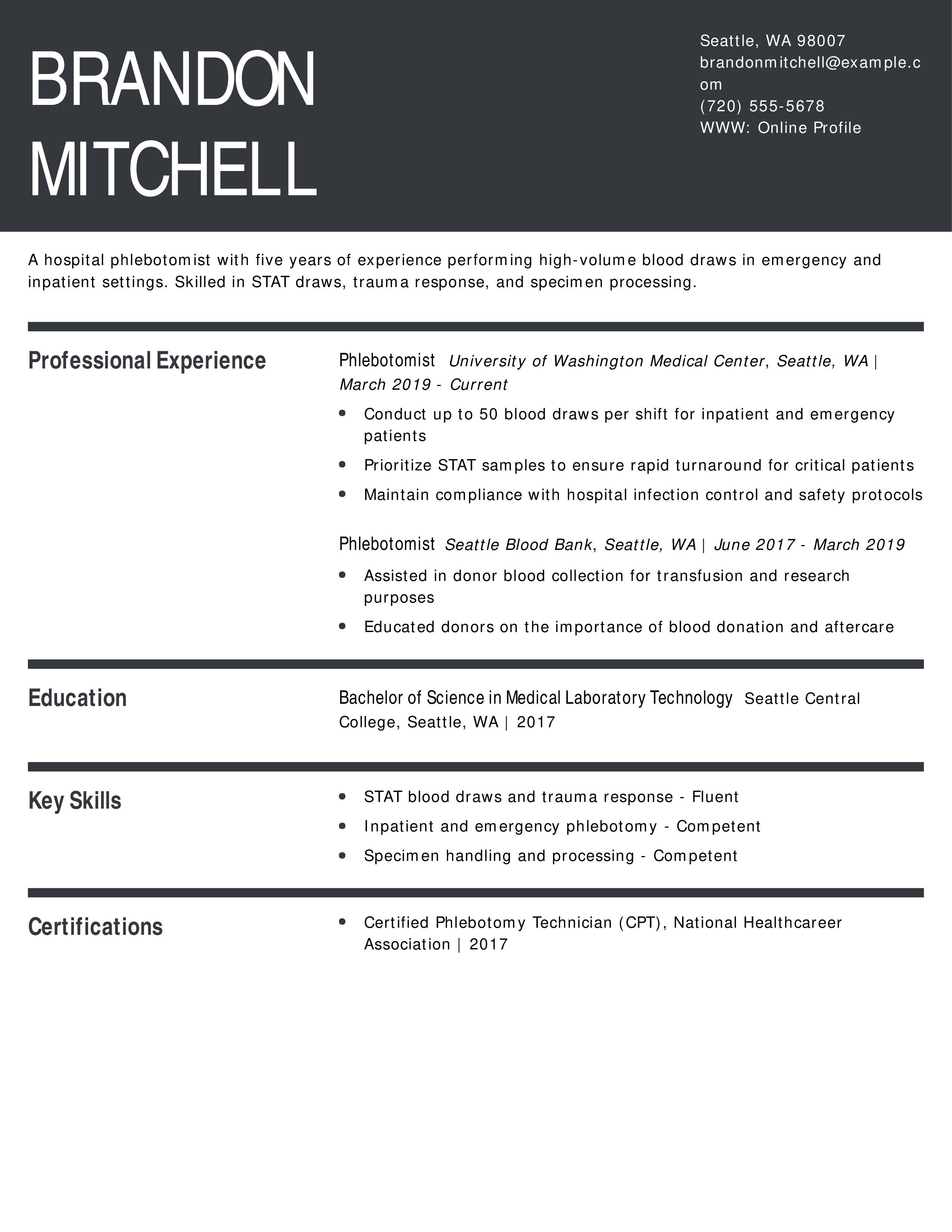Mid-Level Hospital Phlebotomist Resume