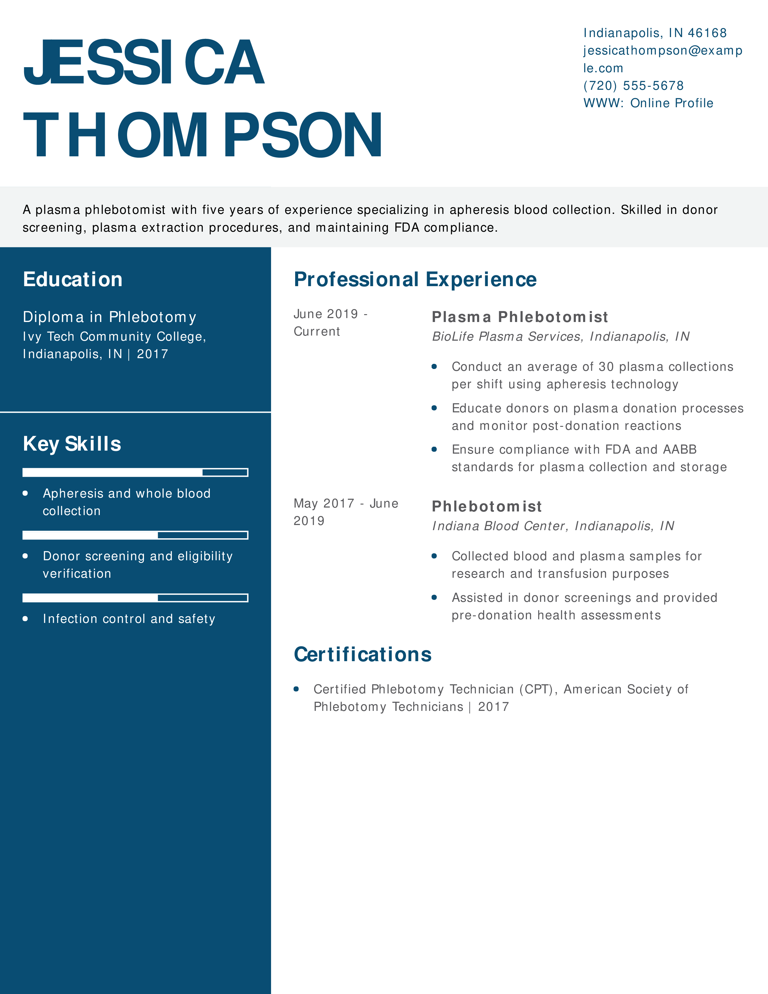 Mid-Level Plasma Phlebotomist Resume