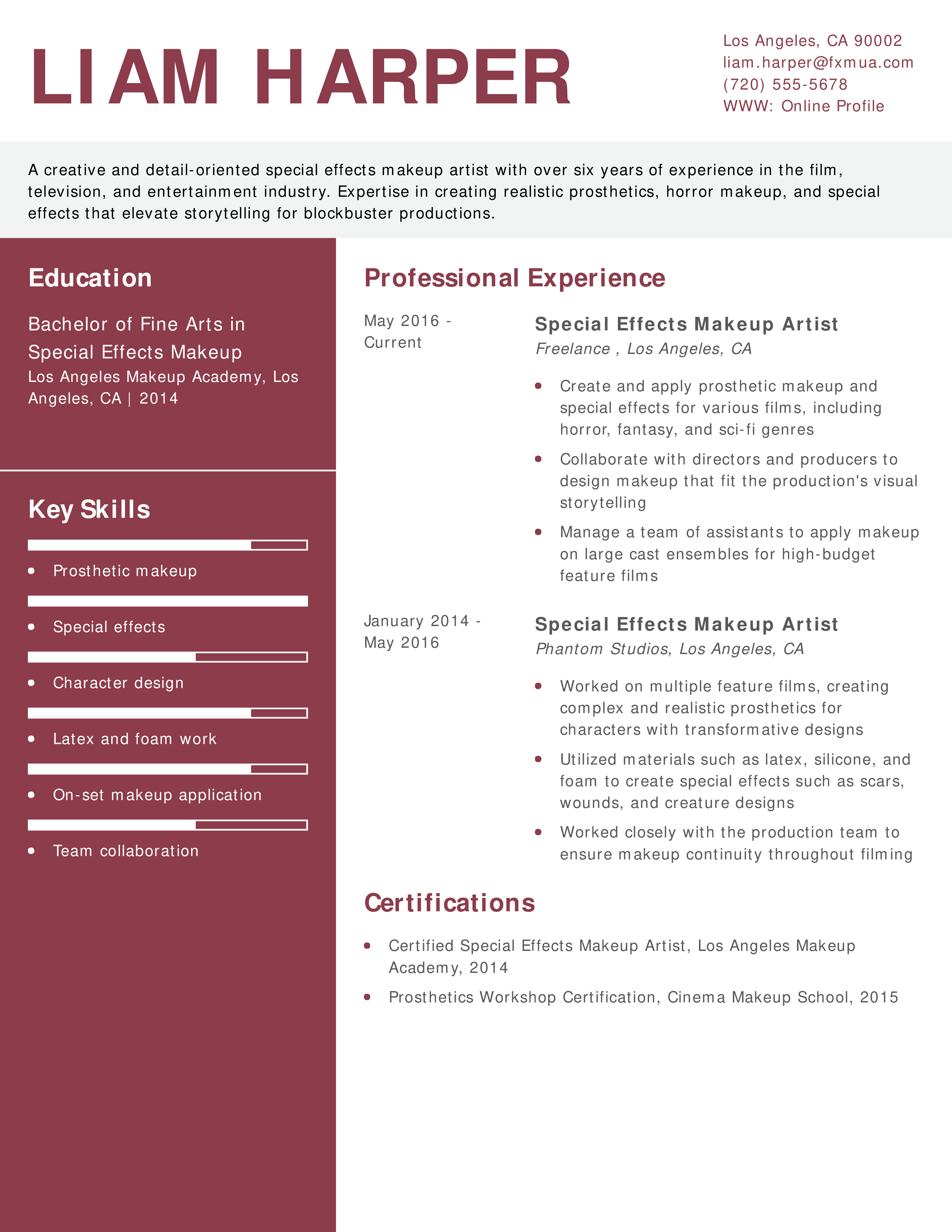 Mid-Level Special Effects Makeup Artist Resume
