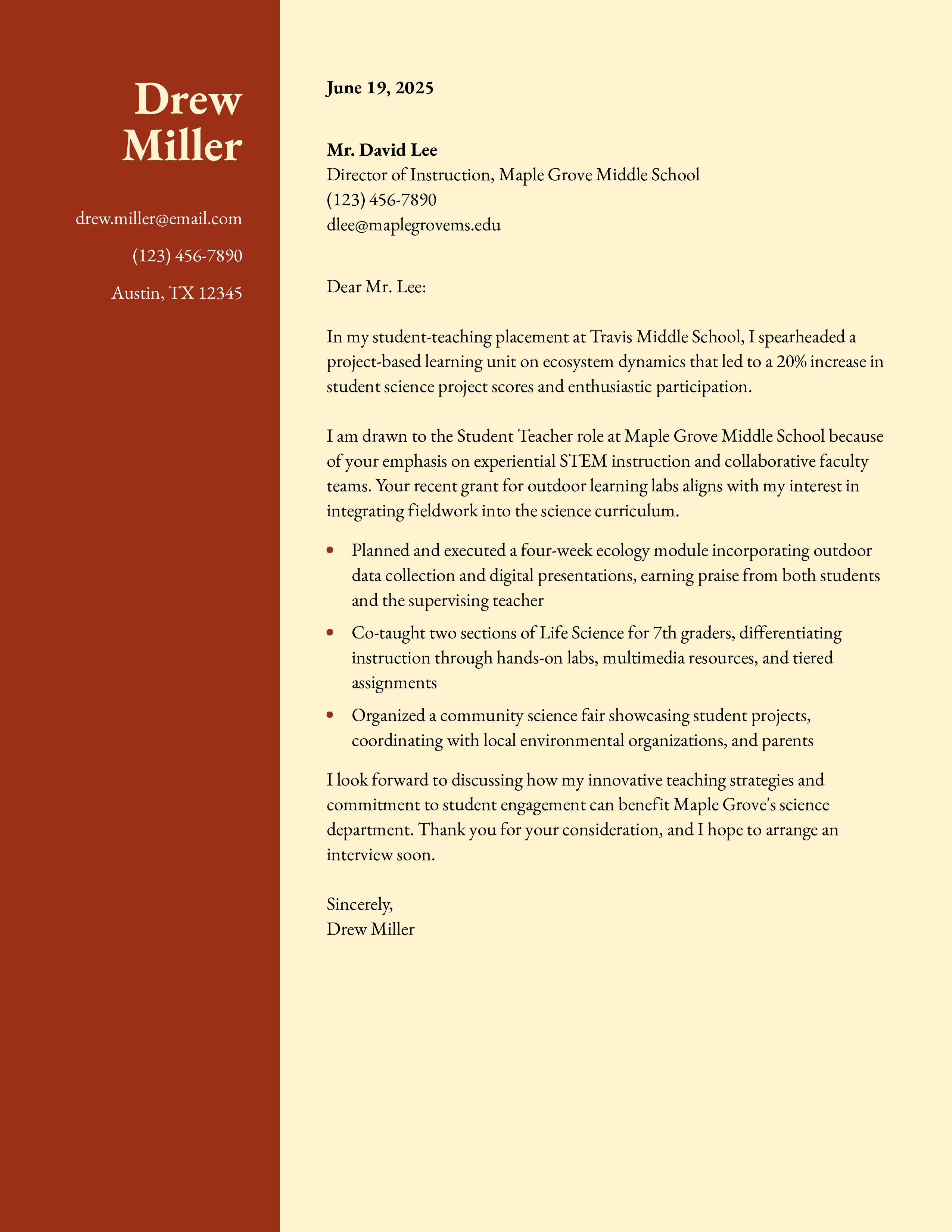 Middle School Student Teacher Cover Letter
