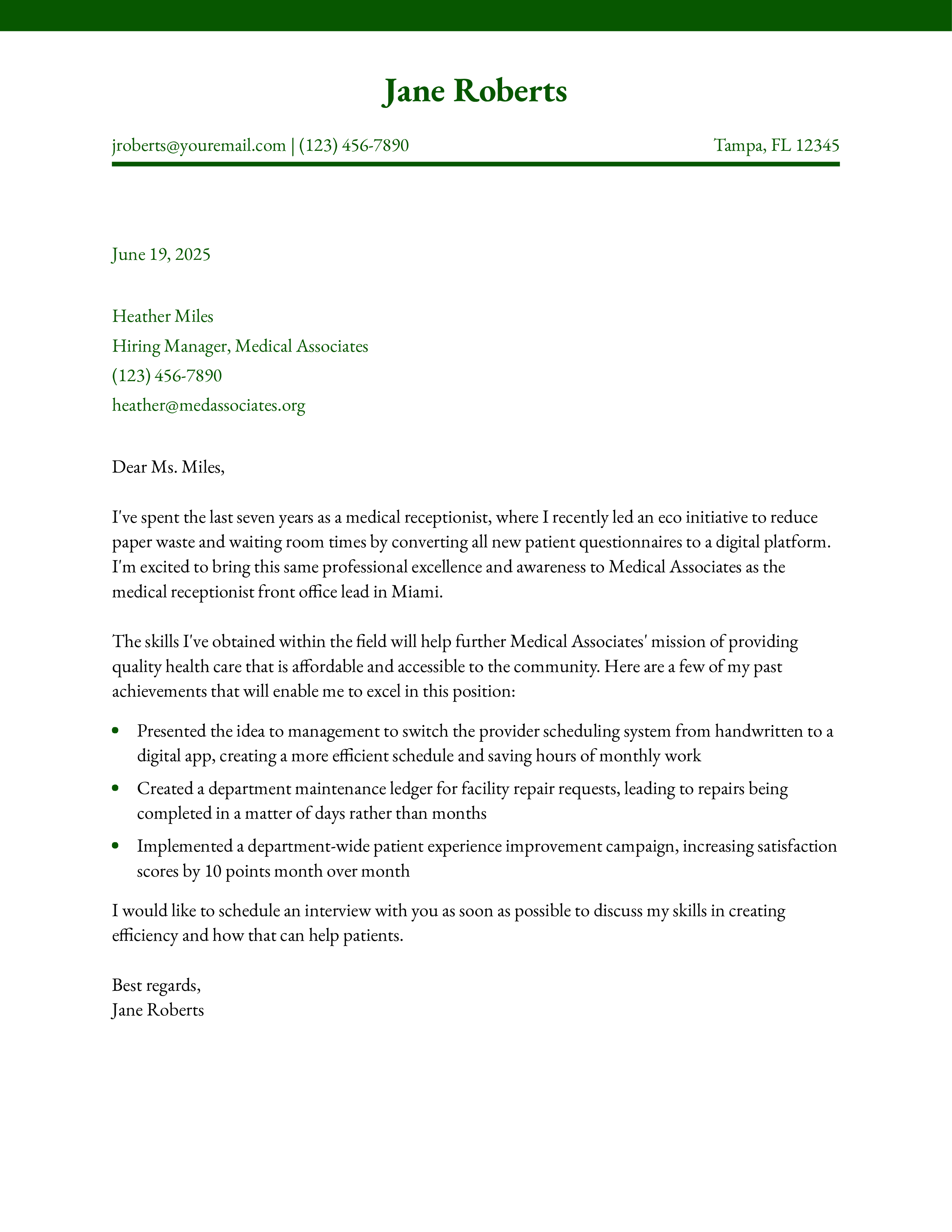Patient Services Medical Receptionist Cover Letter