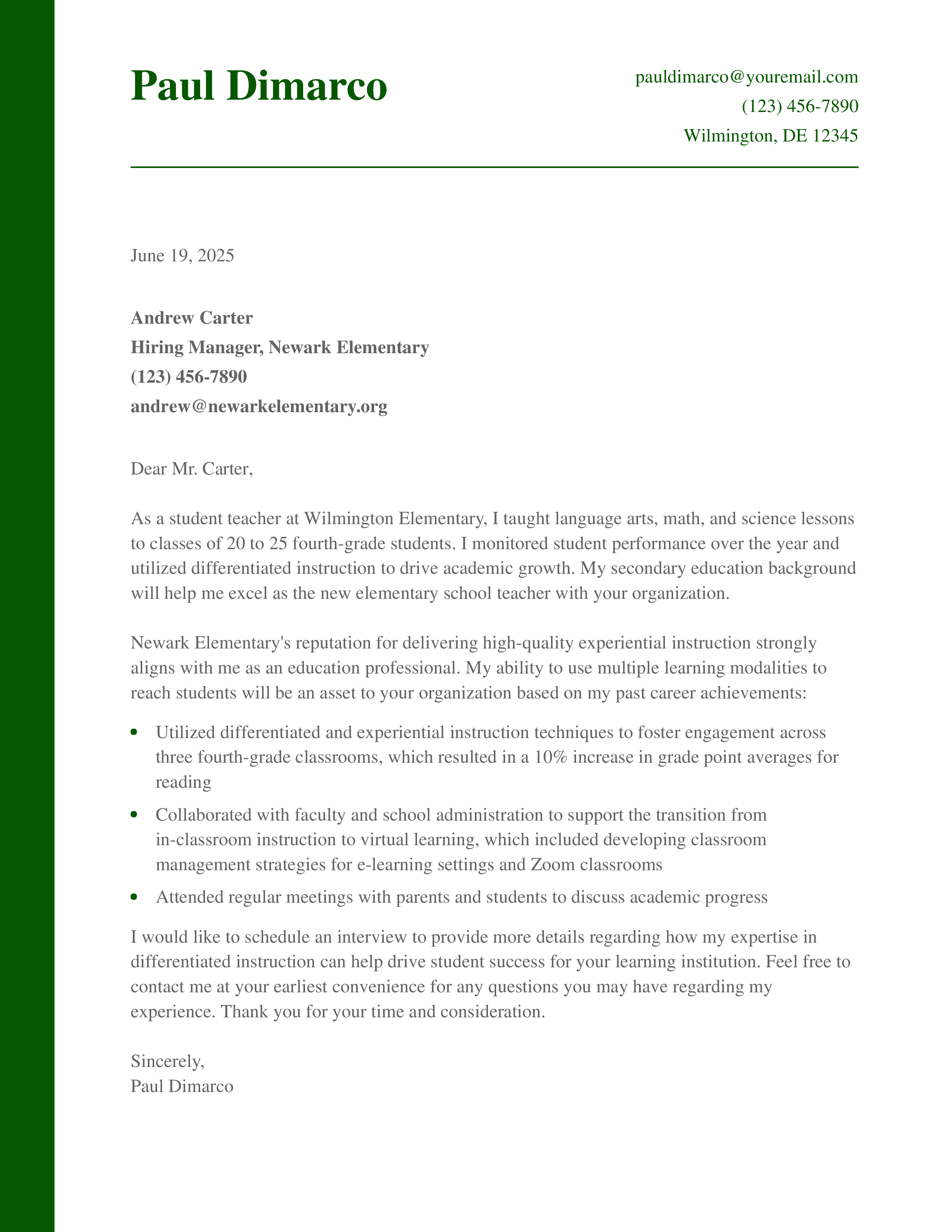 Secondary Education Student Teacher Cover Letter