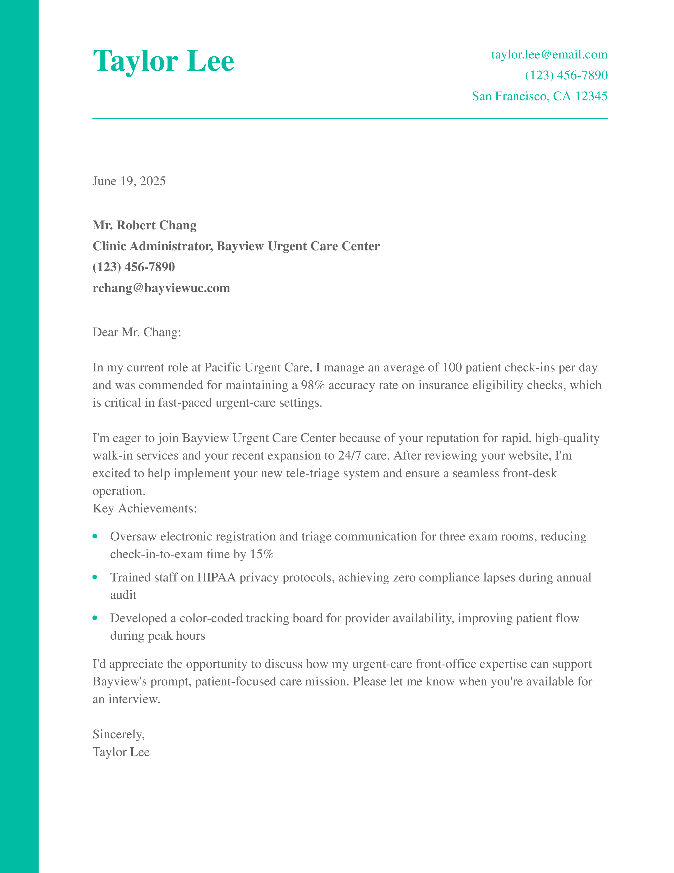 Urgent Care Clinic Receptionist Cover Letter