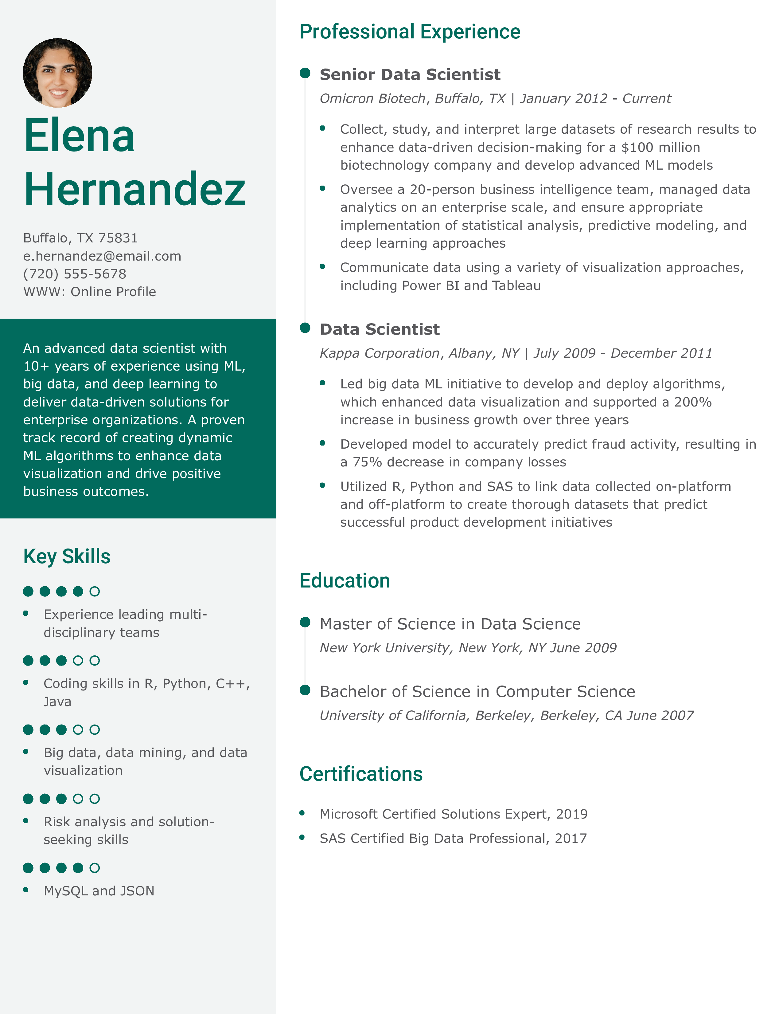 Advanced Data Scientist Resume