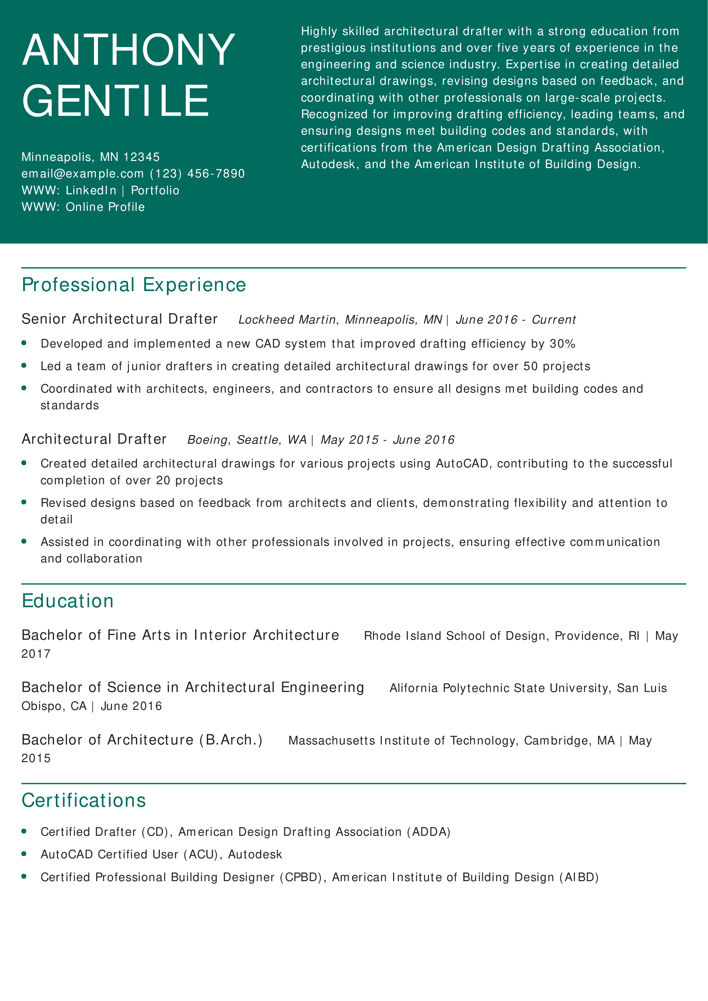 Architectural Drafter Resume