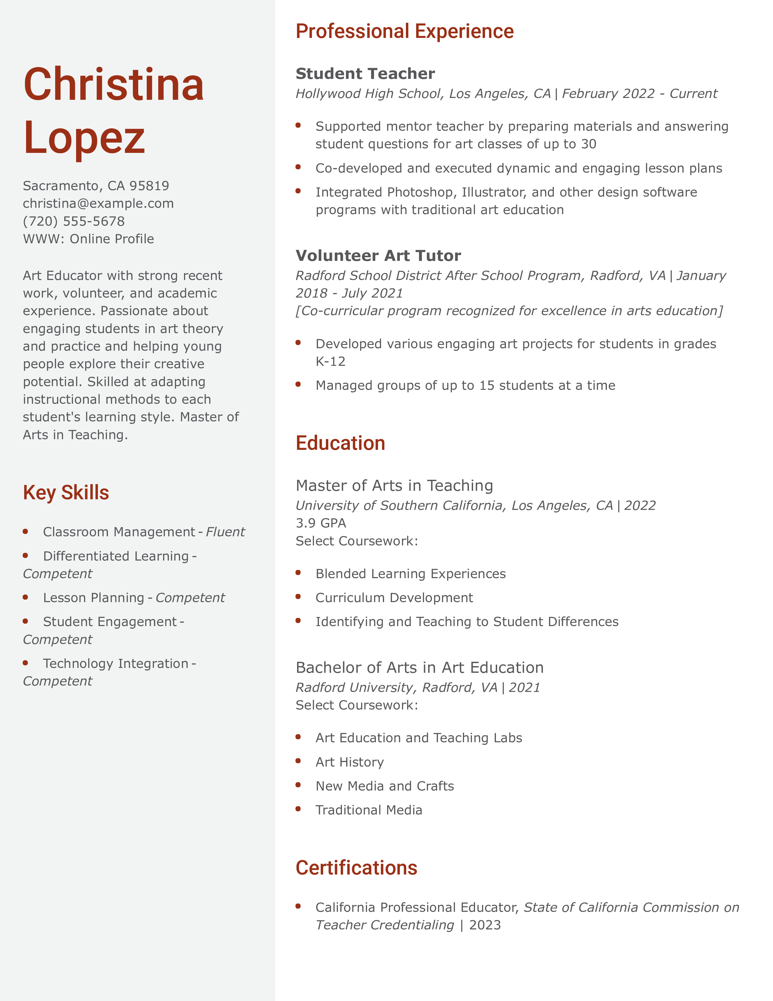 Art Educator Resume