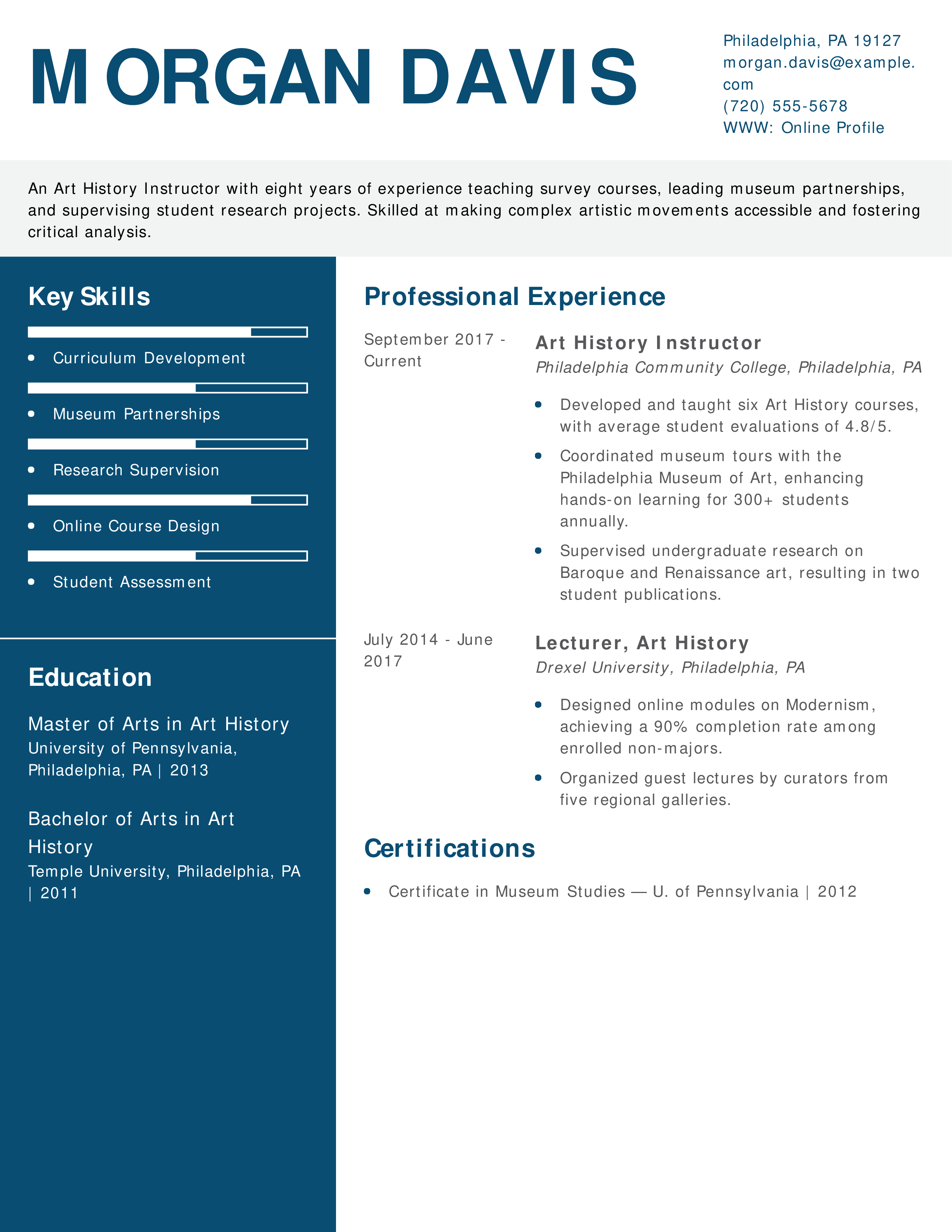Art History Instructor Resume