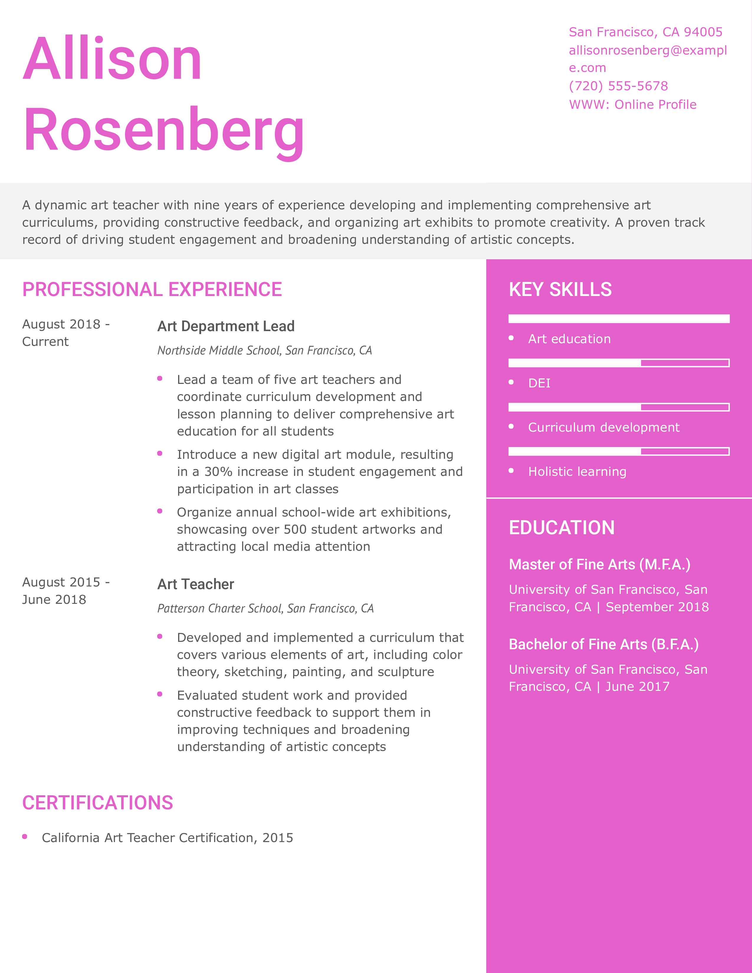 Art Teacher Resume