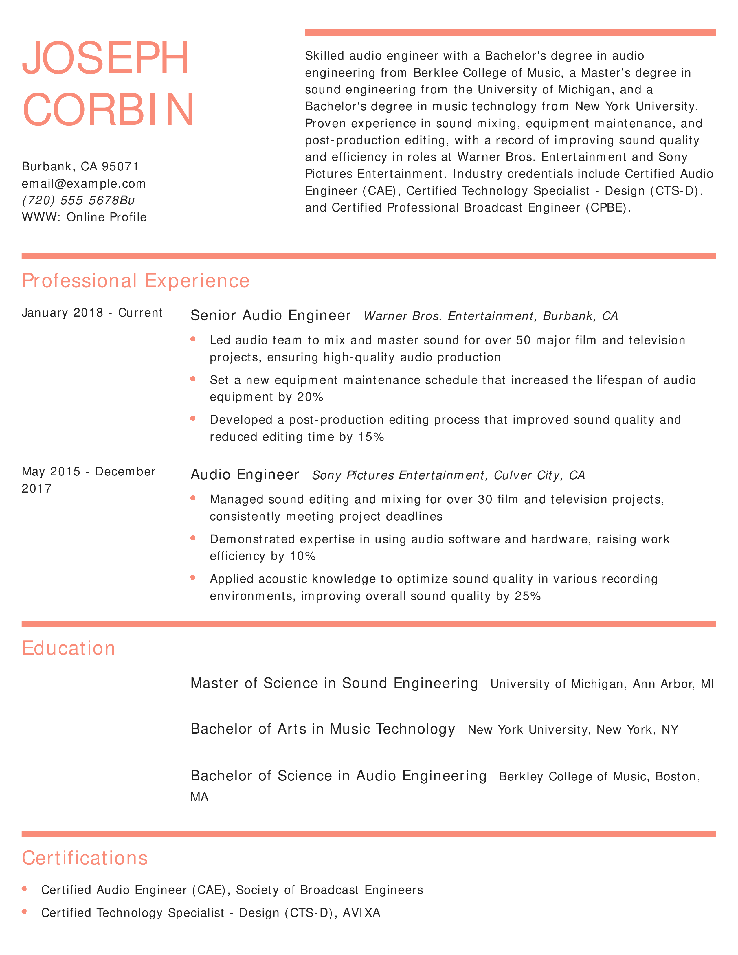 Audio Engineer Resume