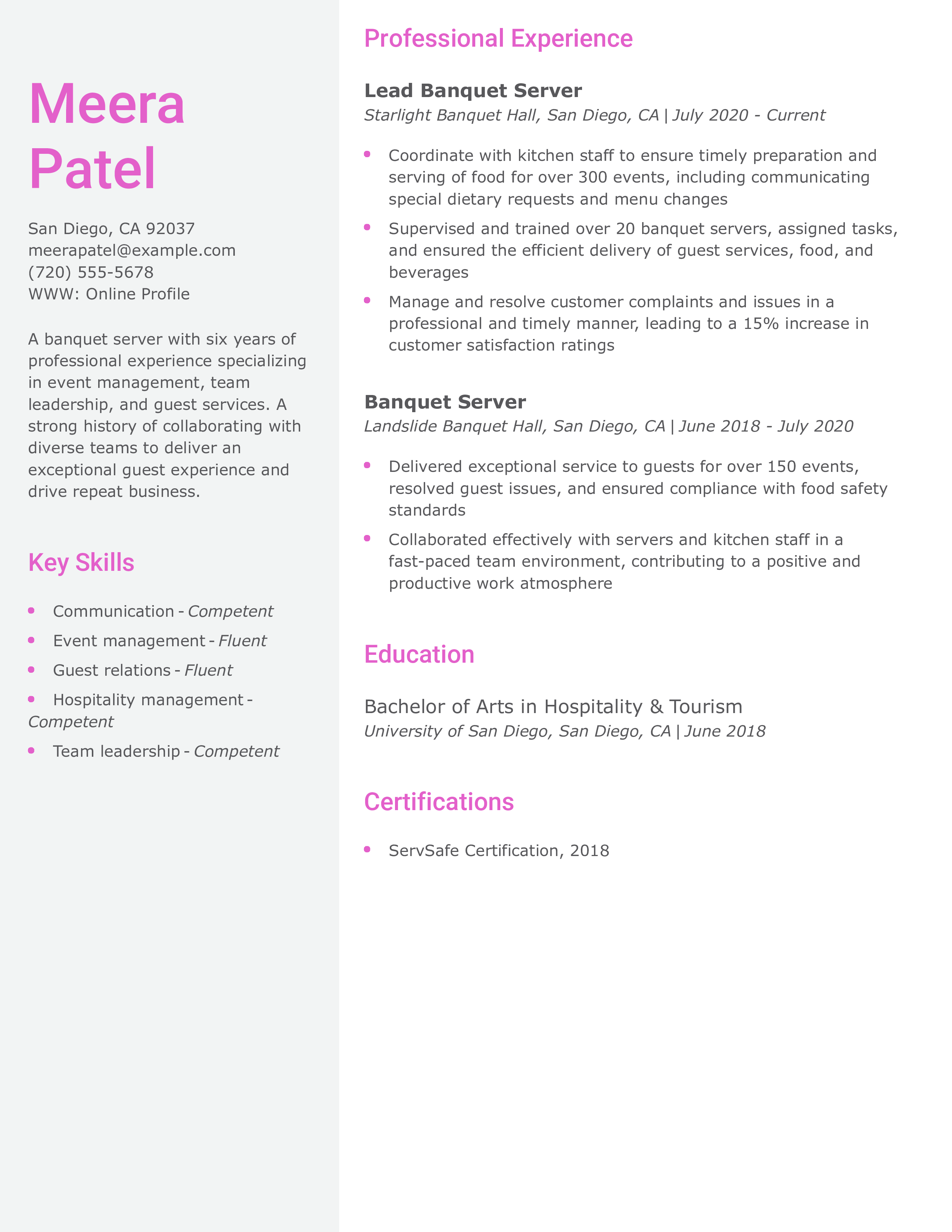 Banquet Server Resume