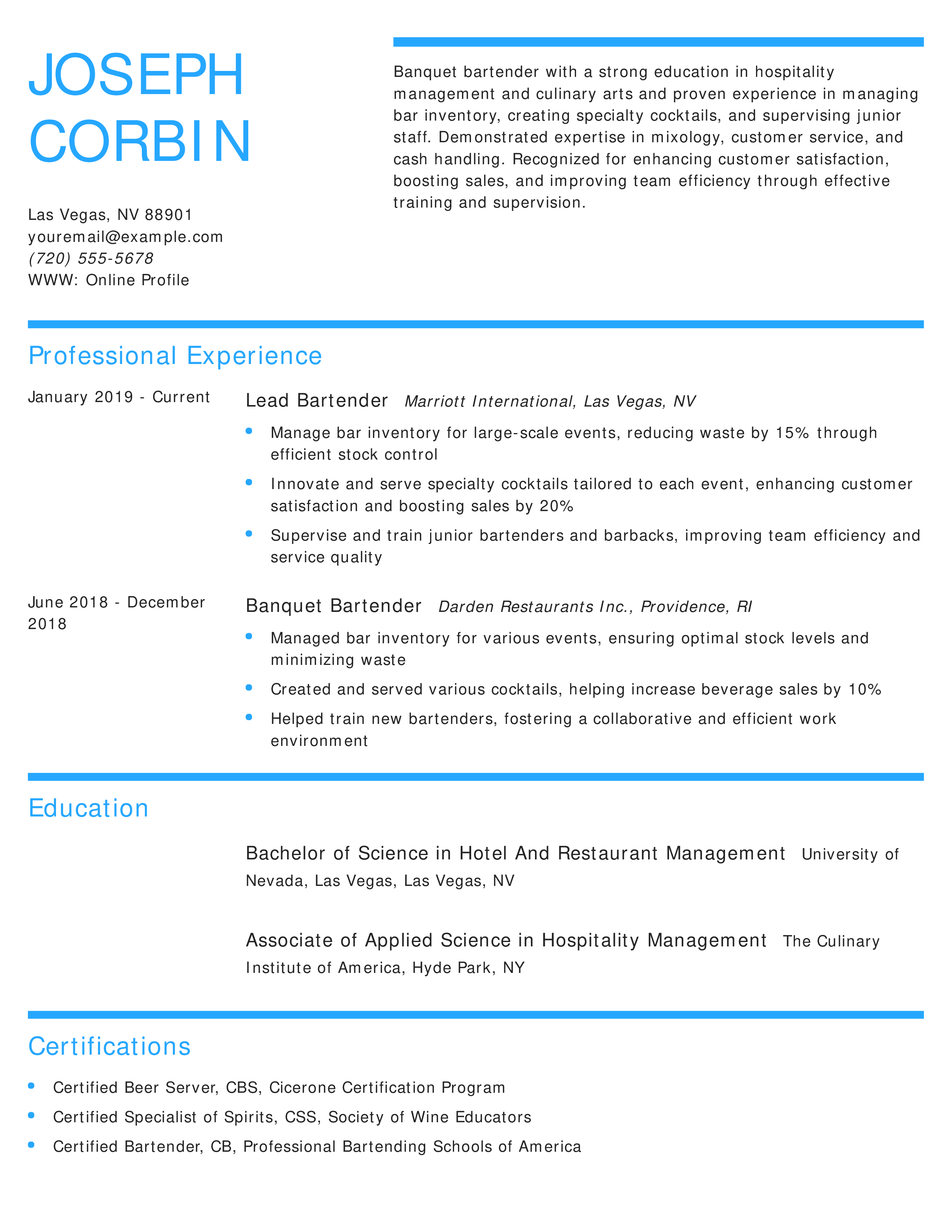 Banquet Bartender Resume