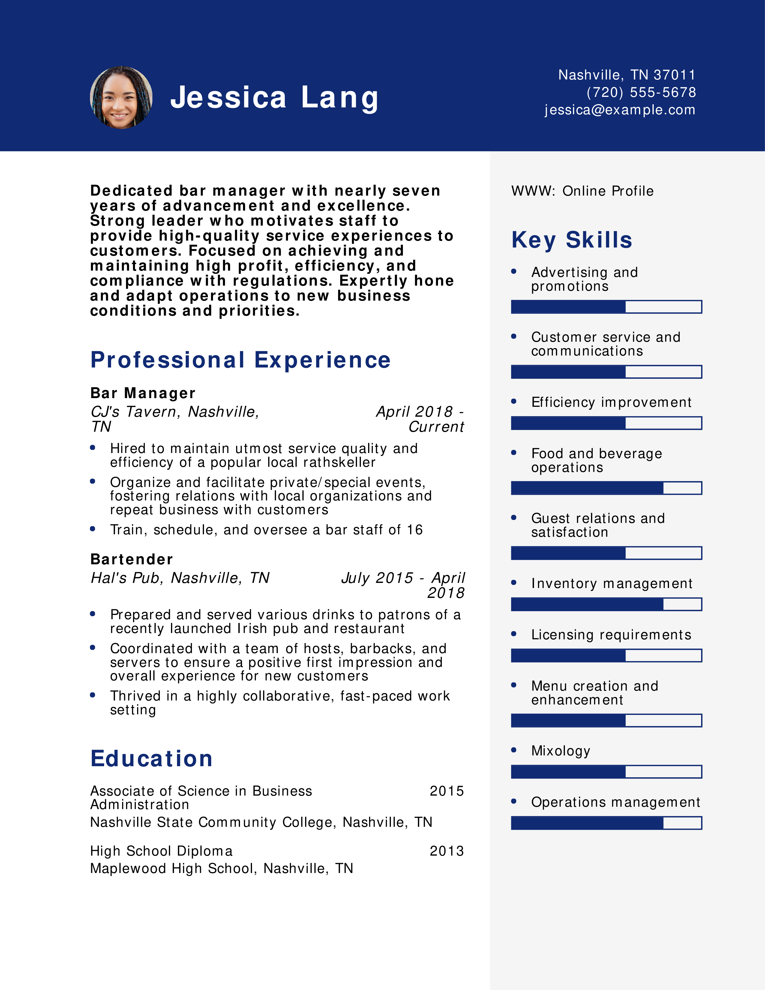 Bar Manager Resume