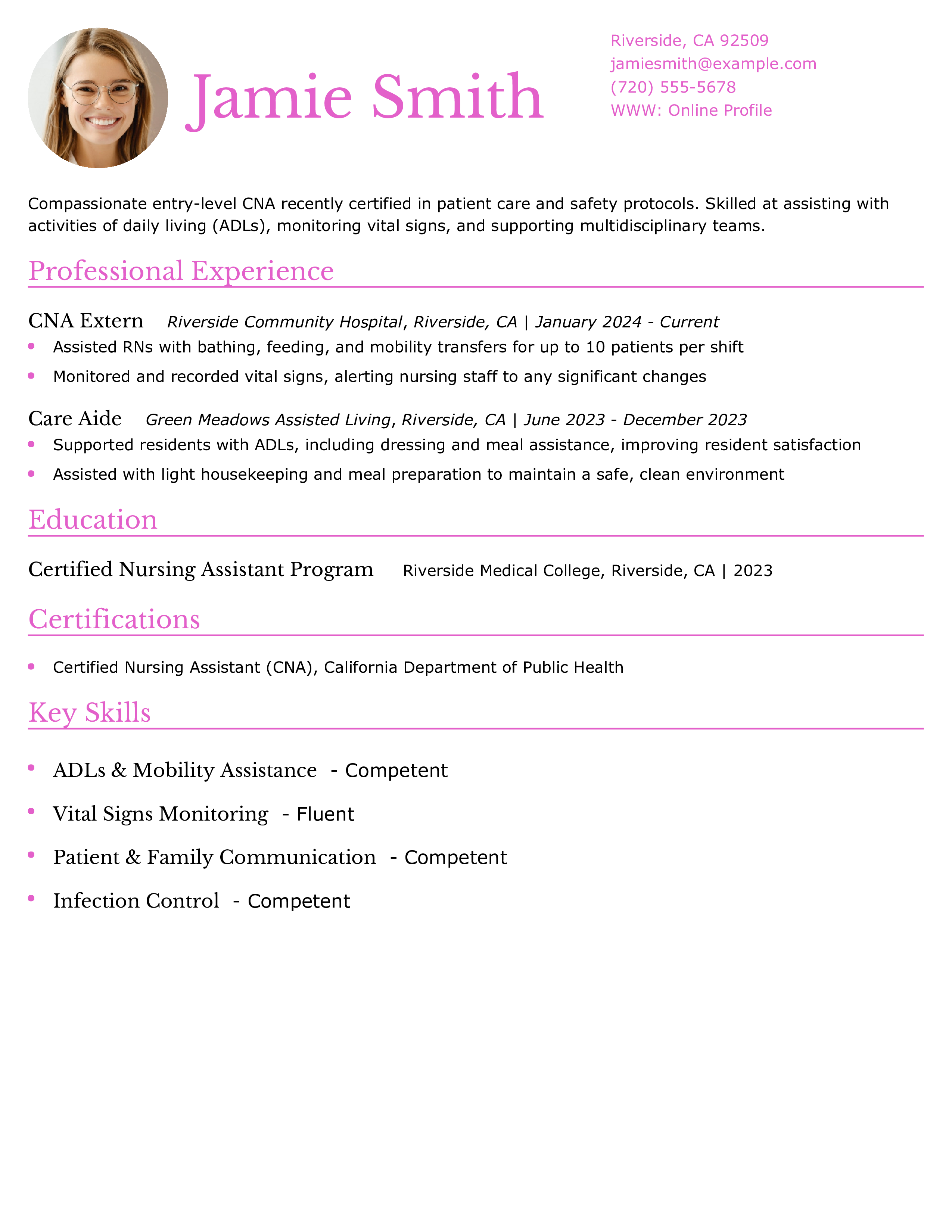 Beginner CNA Resume