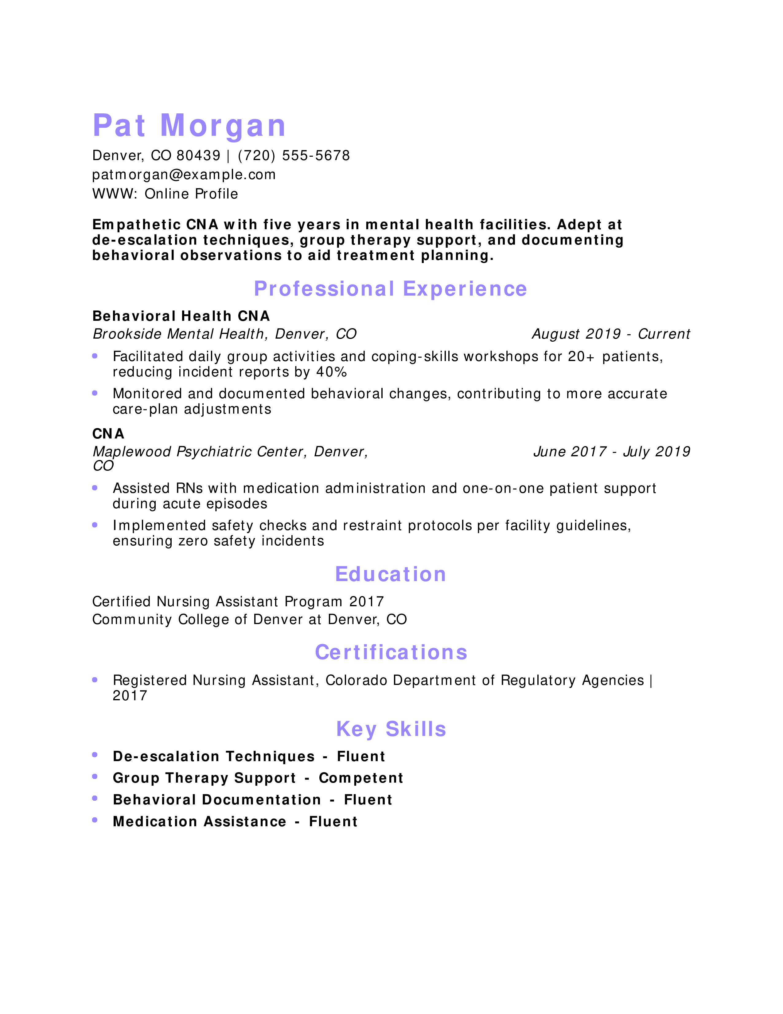 Behavioral Health CNA Resume