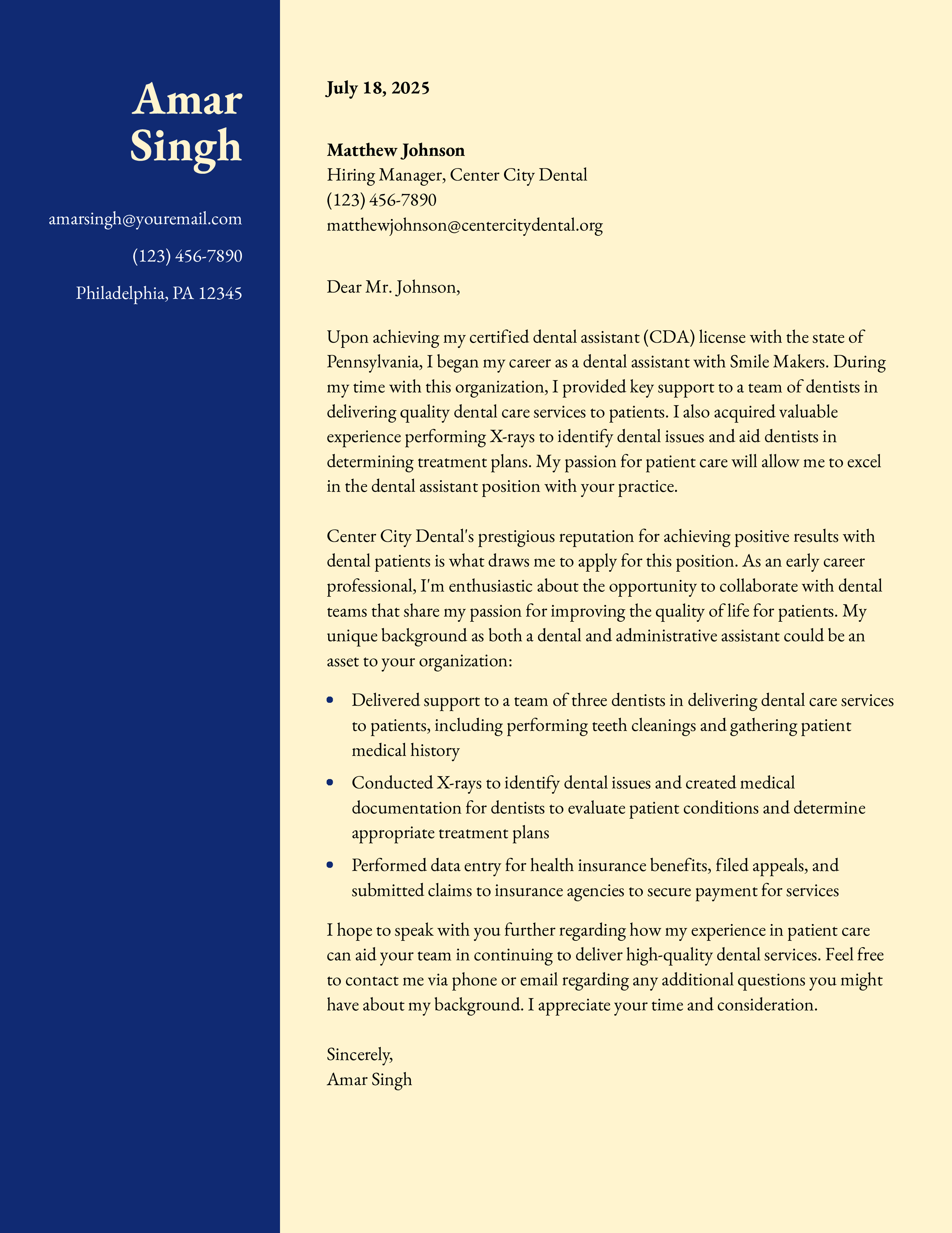Certified Dental Assistant Cover Letter