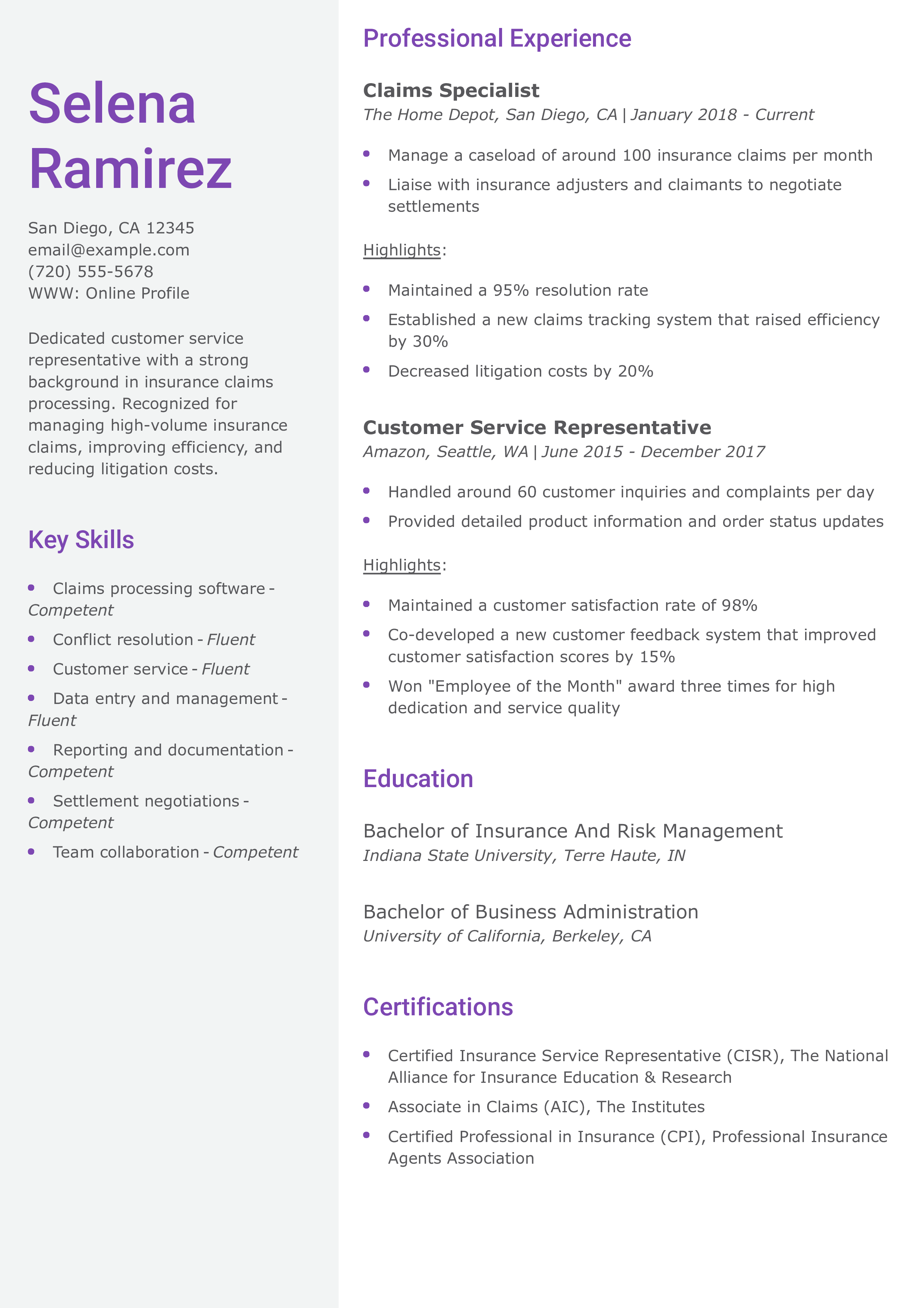 Claims Customer Service Representative Resume