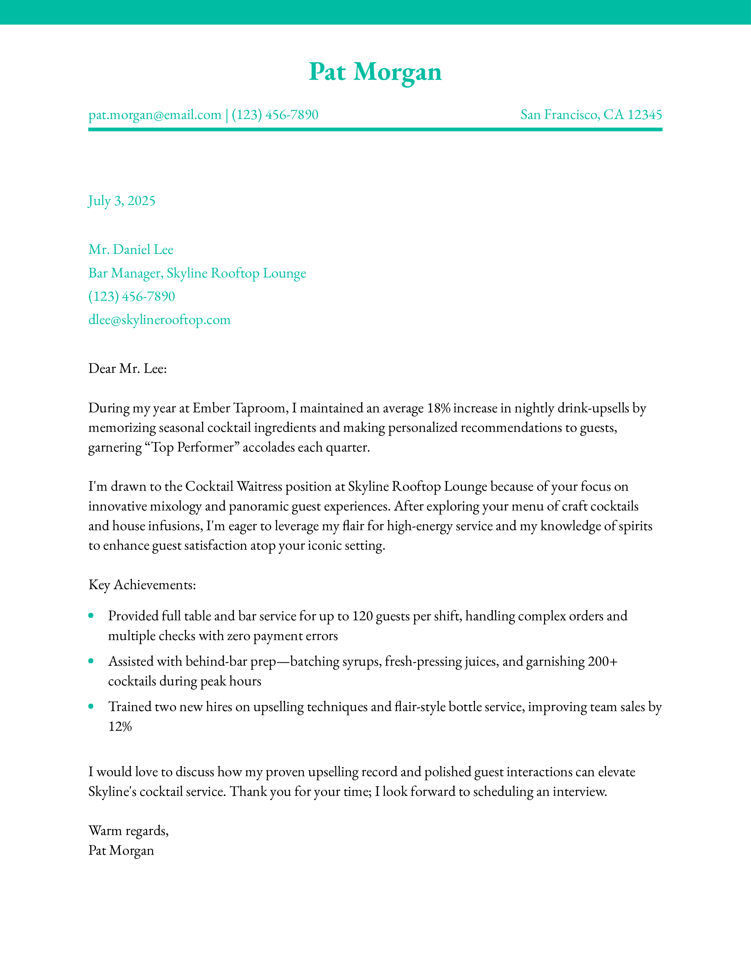 Cocktail Waitress Cover Letter