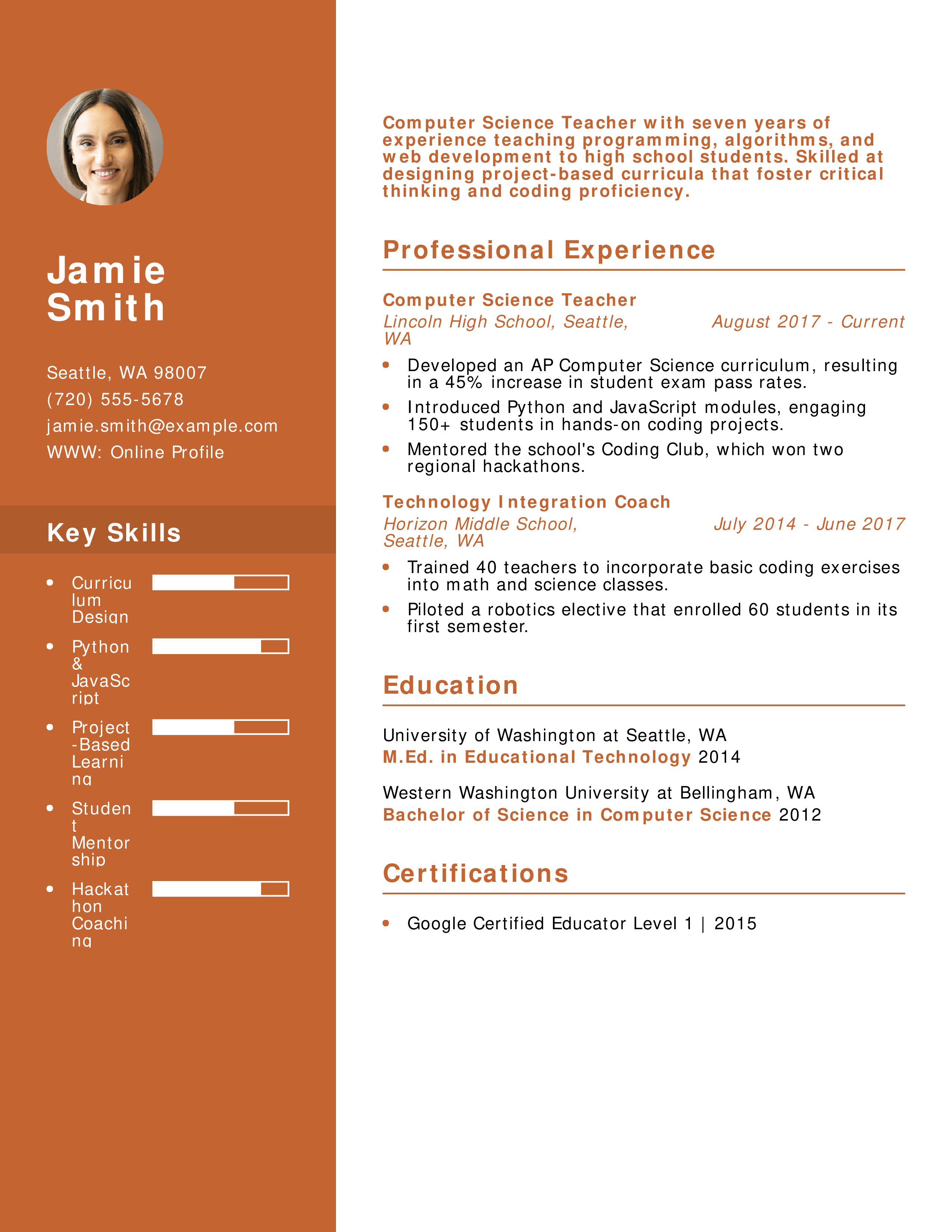 Computer Science Teacher Resume